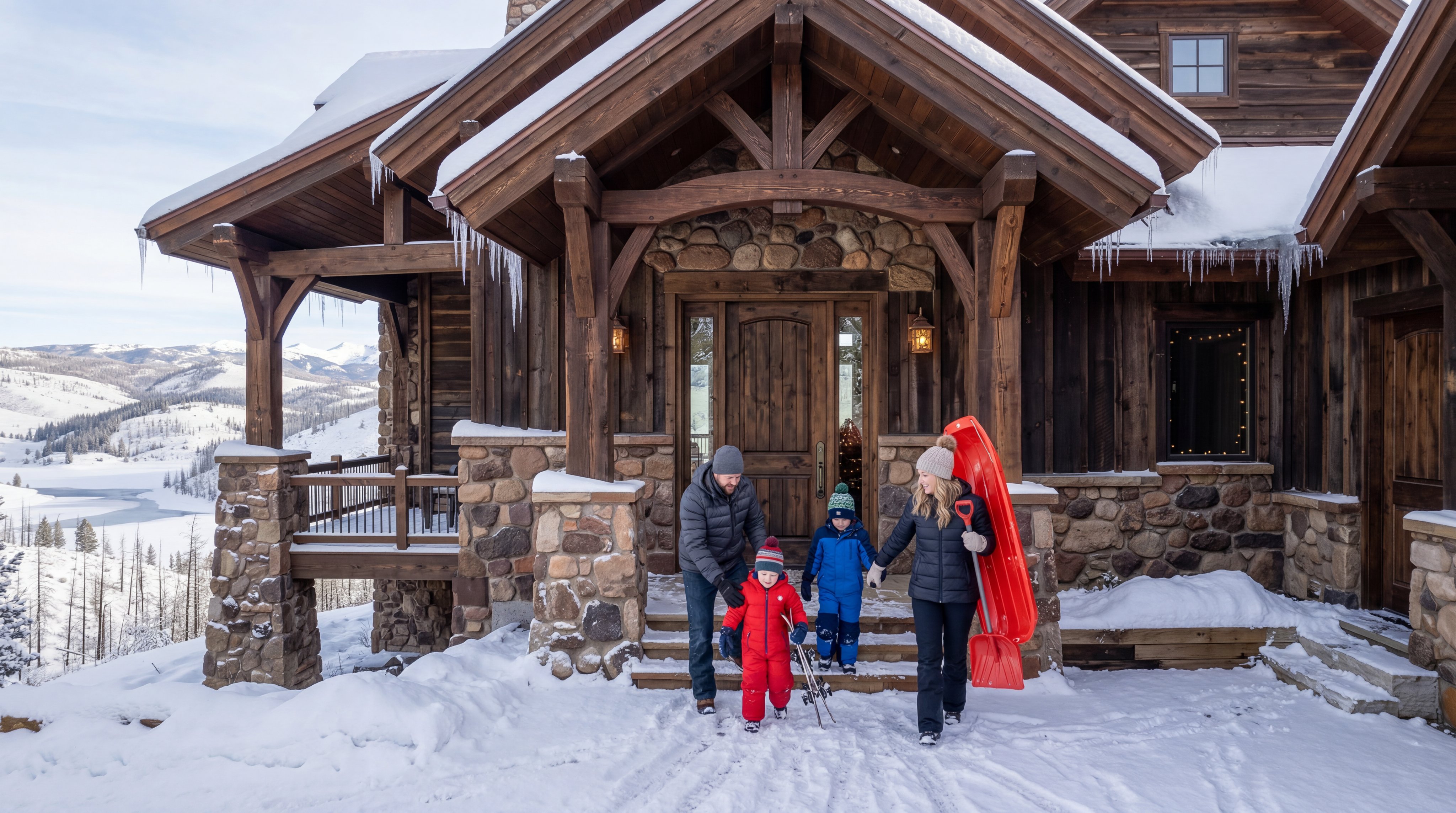 This rustic mountain home features a grand timber-framed entryway with heavy wood beams and natural stone accents. A family is captured stepping out onto the snow-covered porch, highlighting the home's inviting atmosphere and connection to the surrounding winter landscape. The architectural style emphasizes rugged, high-end craftsmanship with a prominent wooden front door and a covered porch area that overlooks a scenic, snow-dusted valley.