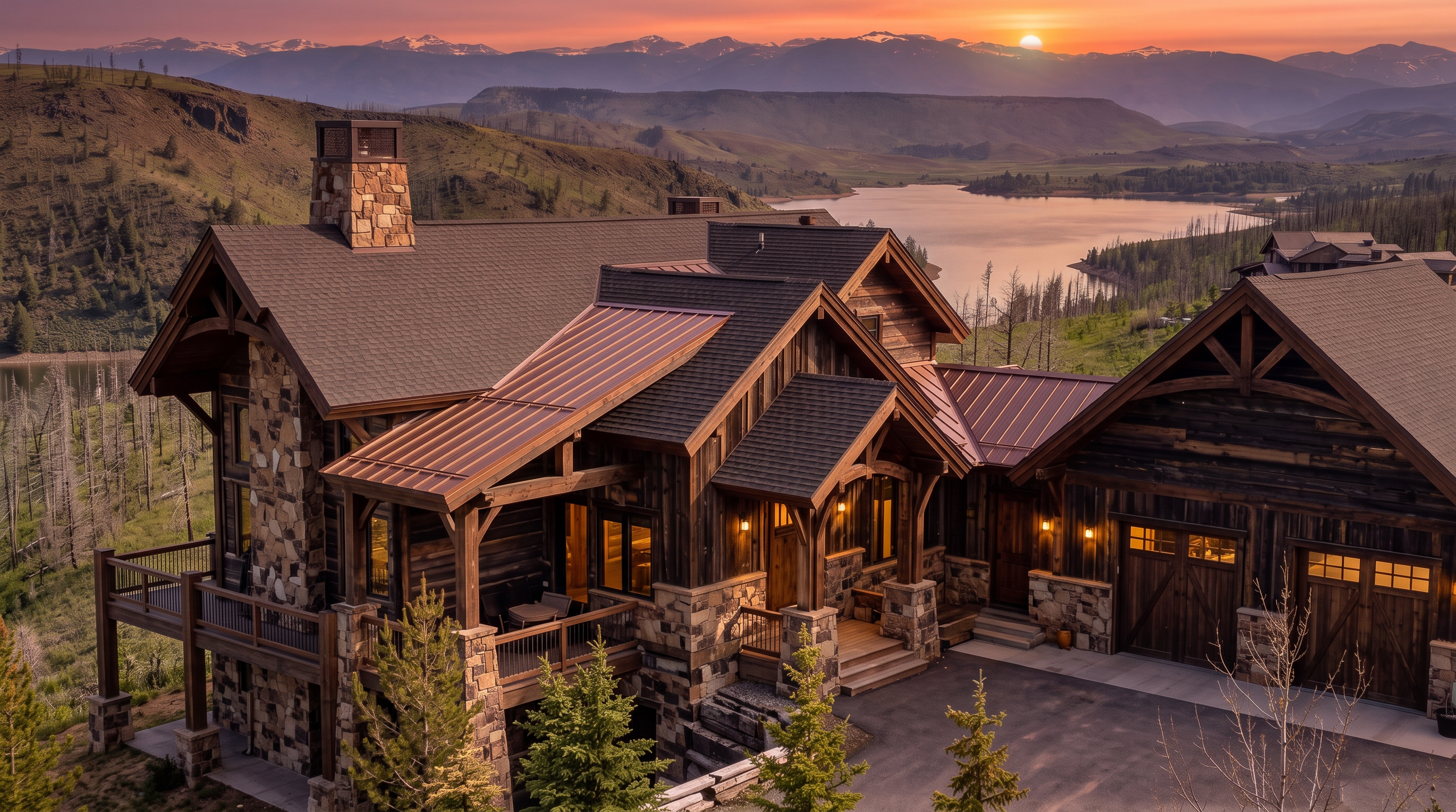 This stunning mountain lodge features a rustic architectural style with a combination of natural stone cladding and dark wood siding. The home is captured from an elevated perspective at sunset, showcasing its expansive multi-level deck, copper-toned metal roofing, and a prominent stone chimney. The property is set against a dramatic backdrop of a serene lake and snow-capped mountain peaks, creating a luxurious and tranquil atmosphere.