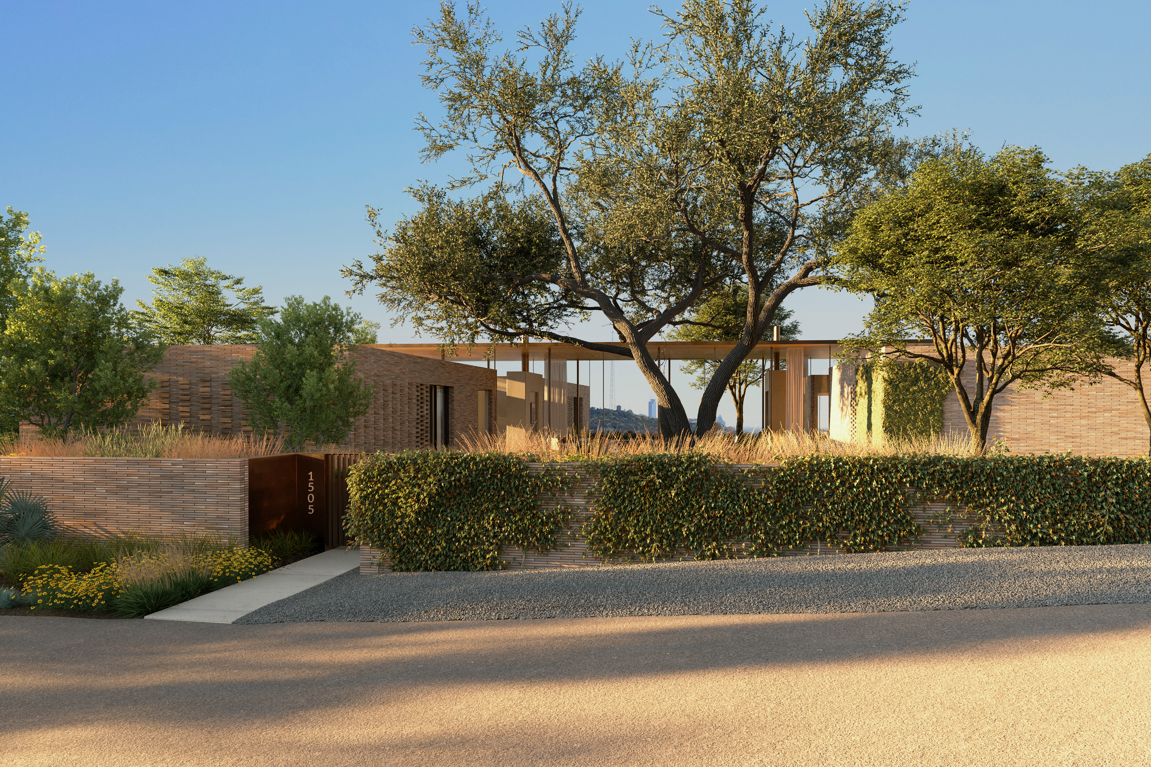 This stunning contemporary residence showcases a sophisticated architectural design featuring horizontal brick masonry and extensive glass walls. The property is complemented by lush landscaping, including mature oak trees and a manicured ivy-covered privacy wall, creating a serene and exclusive aesthetic. An elegant gateway marked with the address '1505' leads into the property, emphasizing a clean, modern, and high-end street appeal.