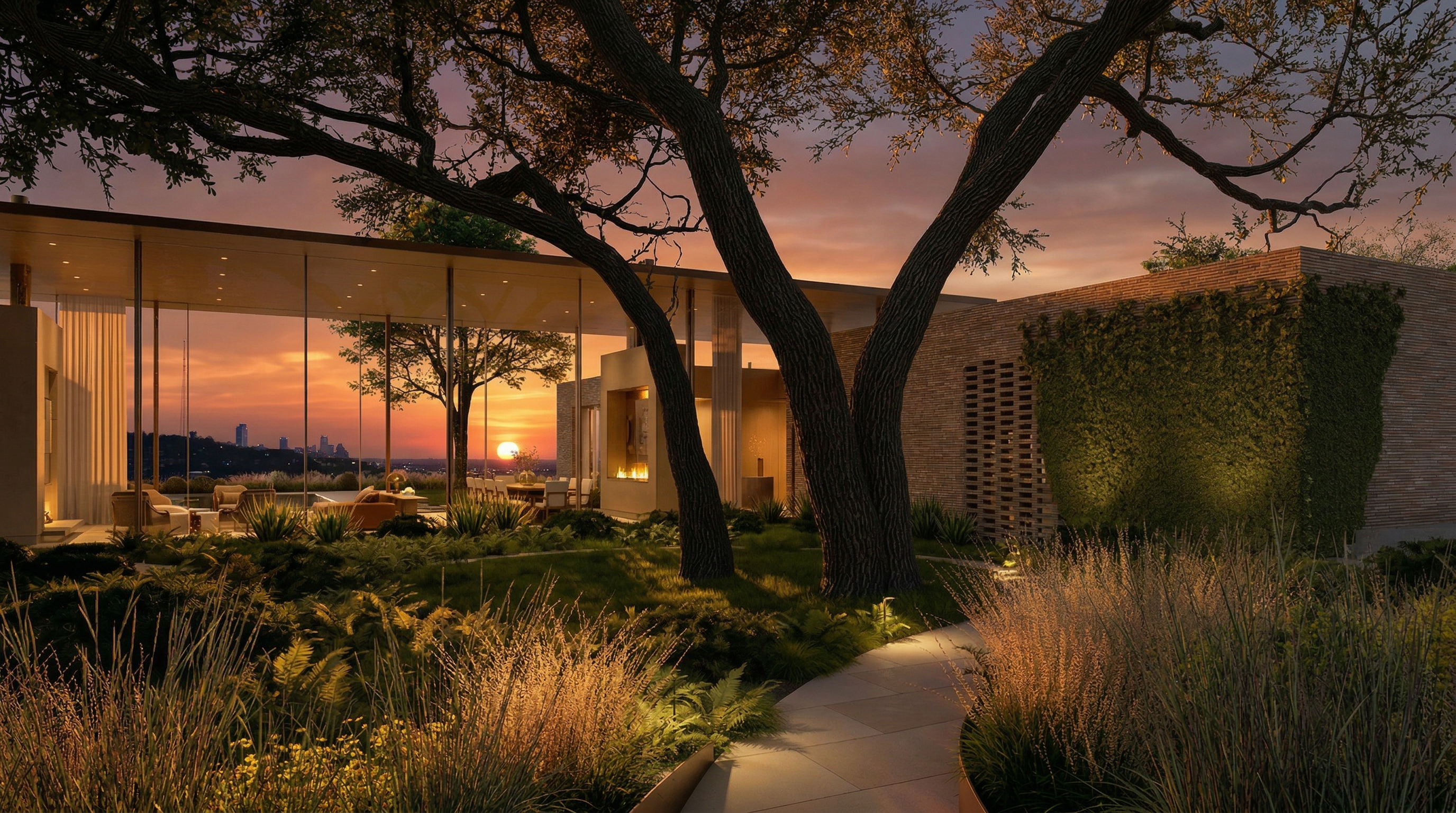 This stunning contemporary residence features an open-concept design with floor-to-ceiling glass walls that seamlessly integrate the indoor living space with a manicured garden. The property showcases lush landscaping, a stone pathway, and mature trees, all set against a dramatic sunset backdrop overlooking a distant cityscape. The sophisticated architectural style, combined with the warm evening lighting, creates a luxurious and tranquil atmosphere typical of a high-end estate.