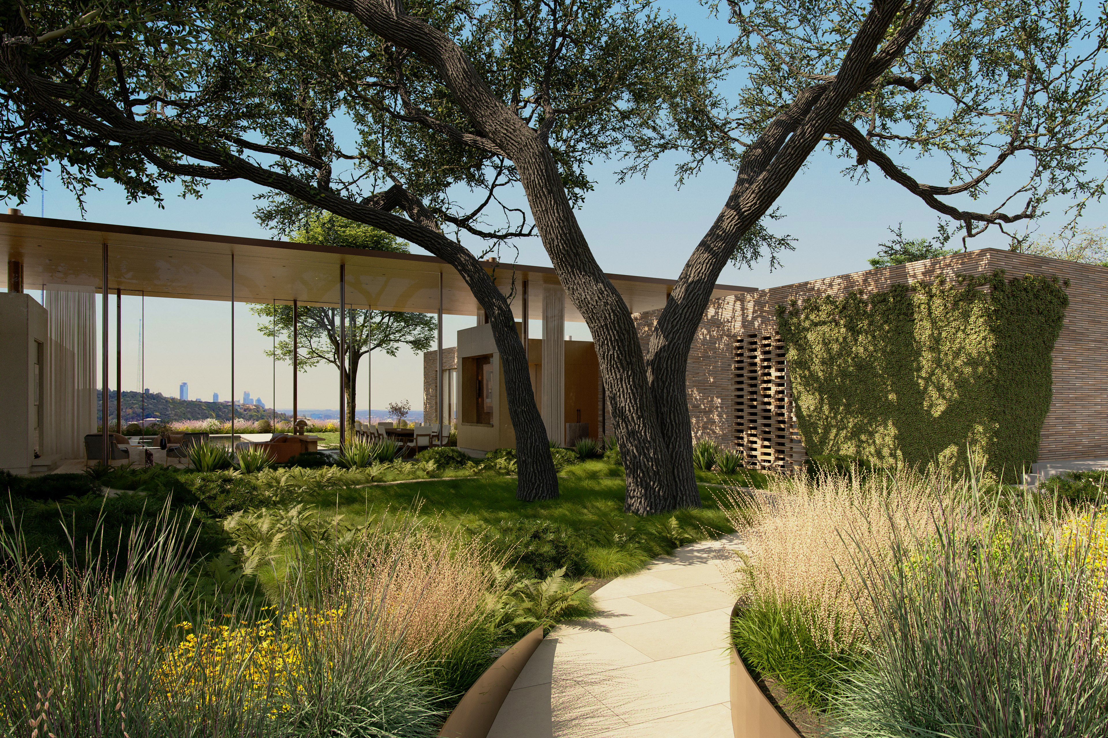 This modern, luxury residence features seamless glass walls that open to an outdoor living space, bridging the interior with an expertly landscaped garden. The home showcases high-end architectural design with a naturalistic aesthetic, incorporating stone, lush greenery, and a curved pathway that leads through the serene landscape. The overall impression is one of sophisticated, peaceful indoor-outdoor flow set against a stunning skyline backdrop.