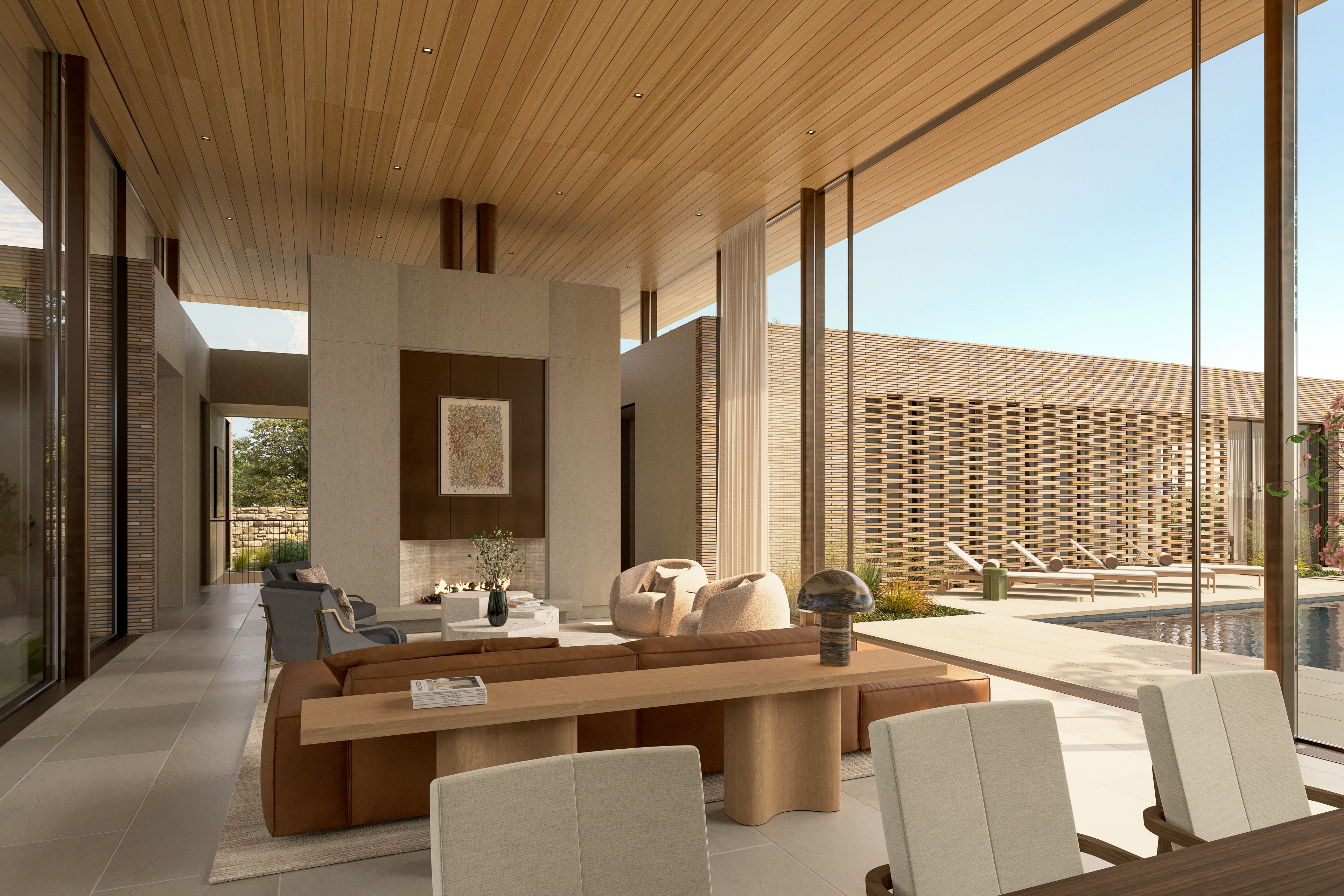 This elegant, open-concept living area seamlessly transitions to an outdoor pool terrace through expansive floor-to-ceiling glass walls, creating a sophisticated indoor-outdoor lifestyle. The space features a warm color palette with a prominent stone fireplace, plush modern seating, and natural wood ceilings, all flooded with abundant natural light. The contemporary design emphasizes clean lines, high-end materials, and a luxurious, serene atmosphere.