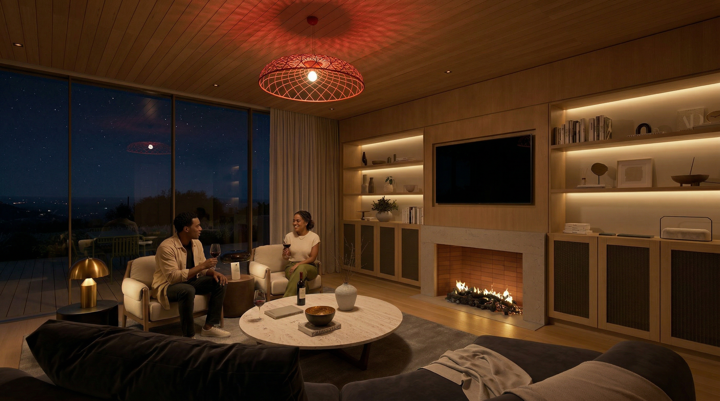 This sophisticated, contemporary living room features wood-paneled walls, built-in shelving with integrated warm lighting, and a cozy fireplace with a gas insert. A large floor-to-ceiling glass wall offers a breathtaking view of the night sky and landscape, complemented by a stylish metal-frame pendant light that adds a dramatic red glow to the ceiling. The elegant circular stone coffee table and plush lounge chairs create an inviting and luxurious atmosphere for relaxation.