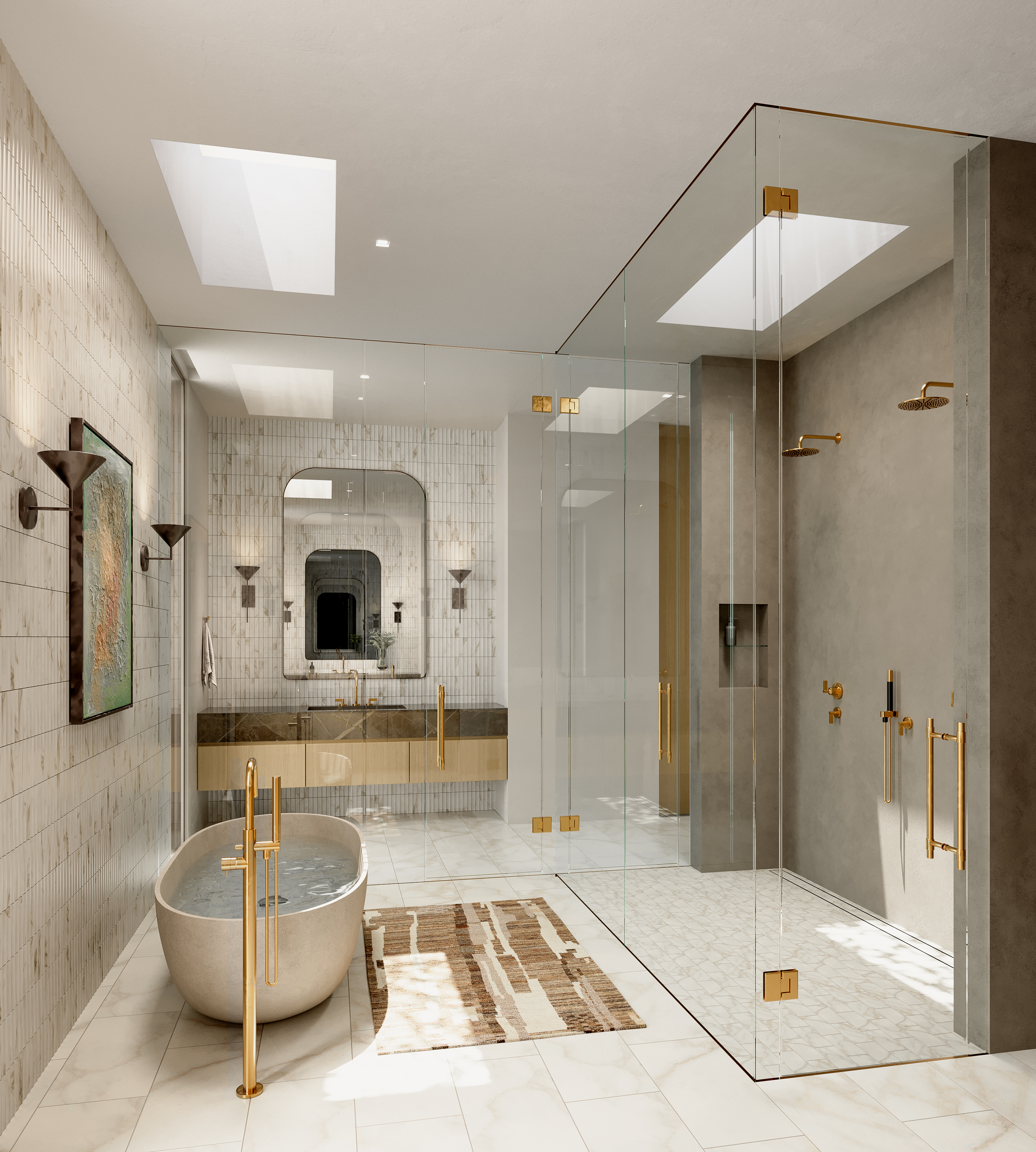 This luxurious primary bathroom features a sophisticated blend of natural stone, warm wood cabinetry, and elegant gold fixtures. The space is highlighted by a freestanding soaking tub, a seamless glass-enclosed walk-in shower, and a floating double vanity, all bathed in soft, natural light from overhead skylights. The overall design offers a modern, high-end spa aesthetic perfect for a premium residential listing.