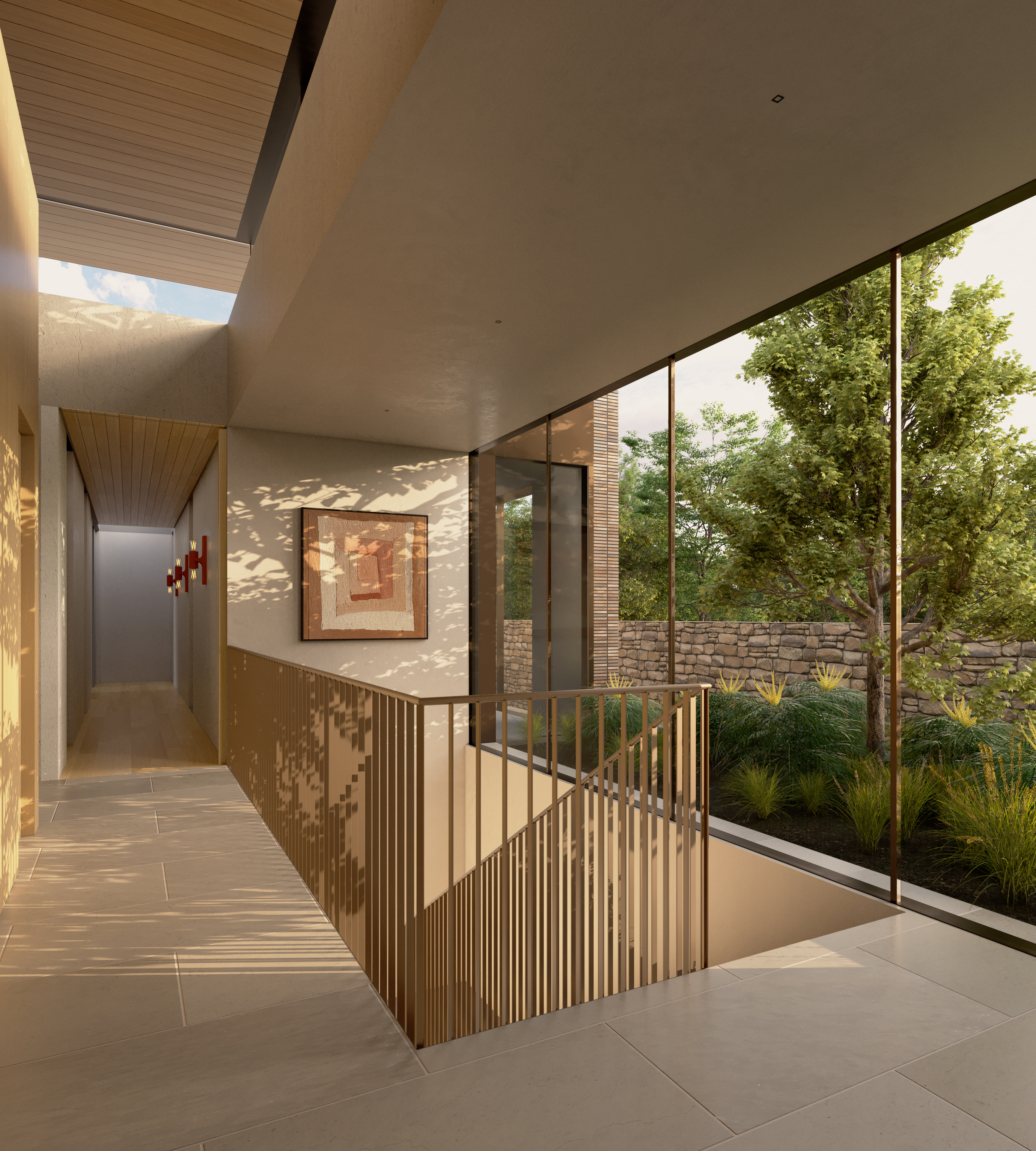 This sophisticated interior landing area showcases clean lines, neutral stone tiling, and a minimalist metal railing that overlooks an open staircase. A large glass wall provides a seamless connection to an exterior garden, while natural light creates dappled shadows against a textured focal artwork on the wall. The space embodies a modern, high-end architectural aesthetic with an emphasis on indoor-outdoor flow.