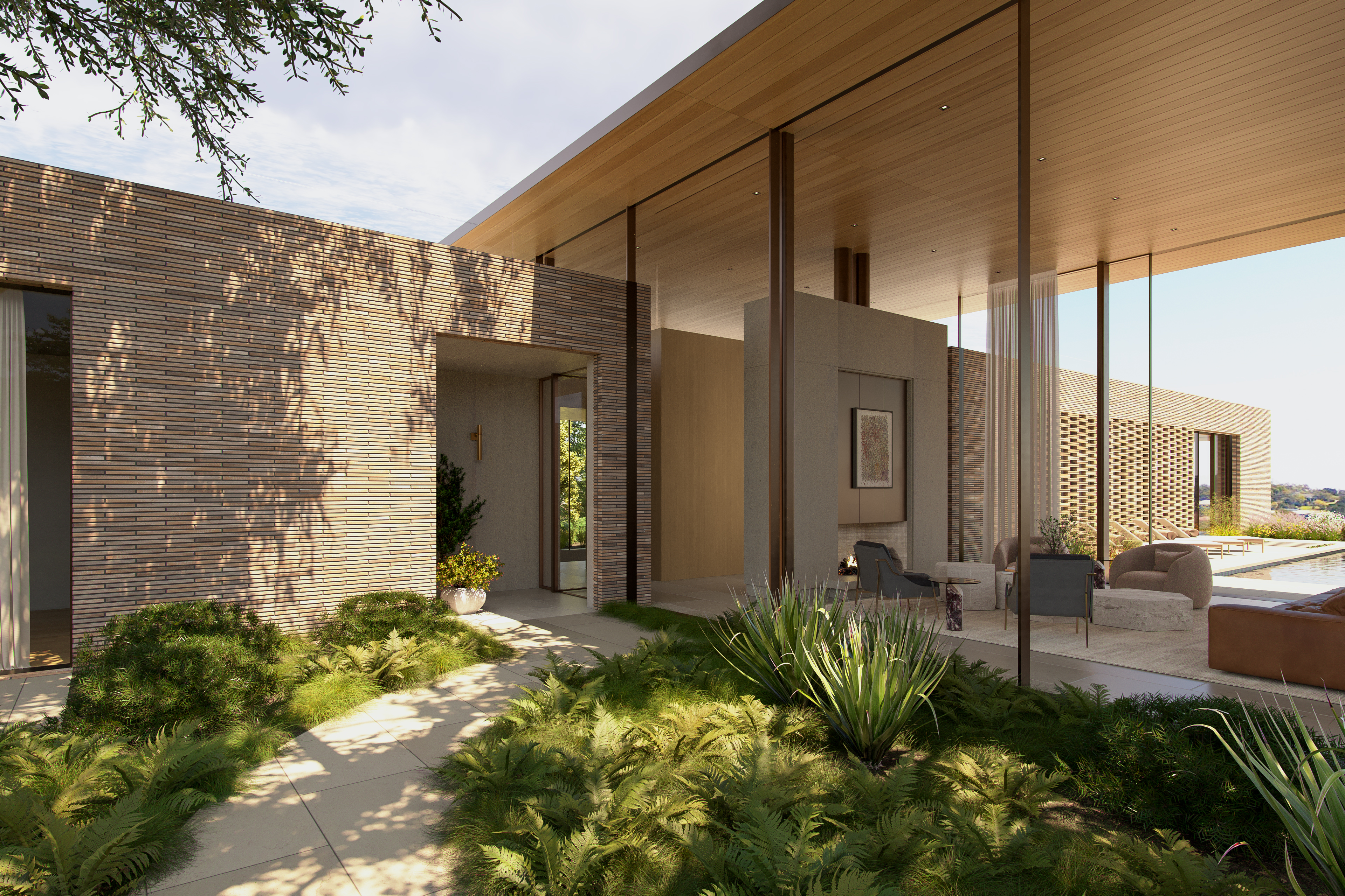 This modern, architectural entryway leads into a sophisticated open-air living space that seamlessly blends with the natural landscape. The design features horizontal brick facade, extensive use of wood paneling on the ceilings, and a serene garden pathway, creating a warm and inviting transition between the outdoors and the home's interior living area.