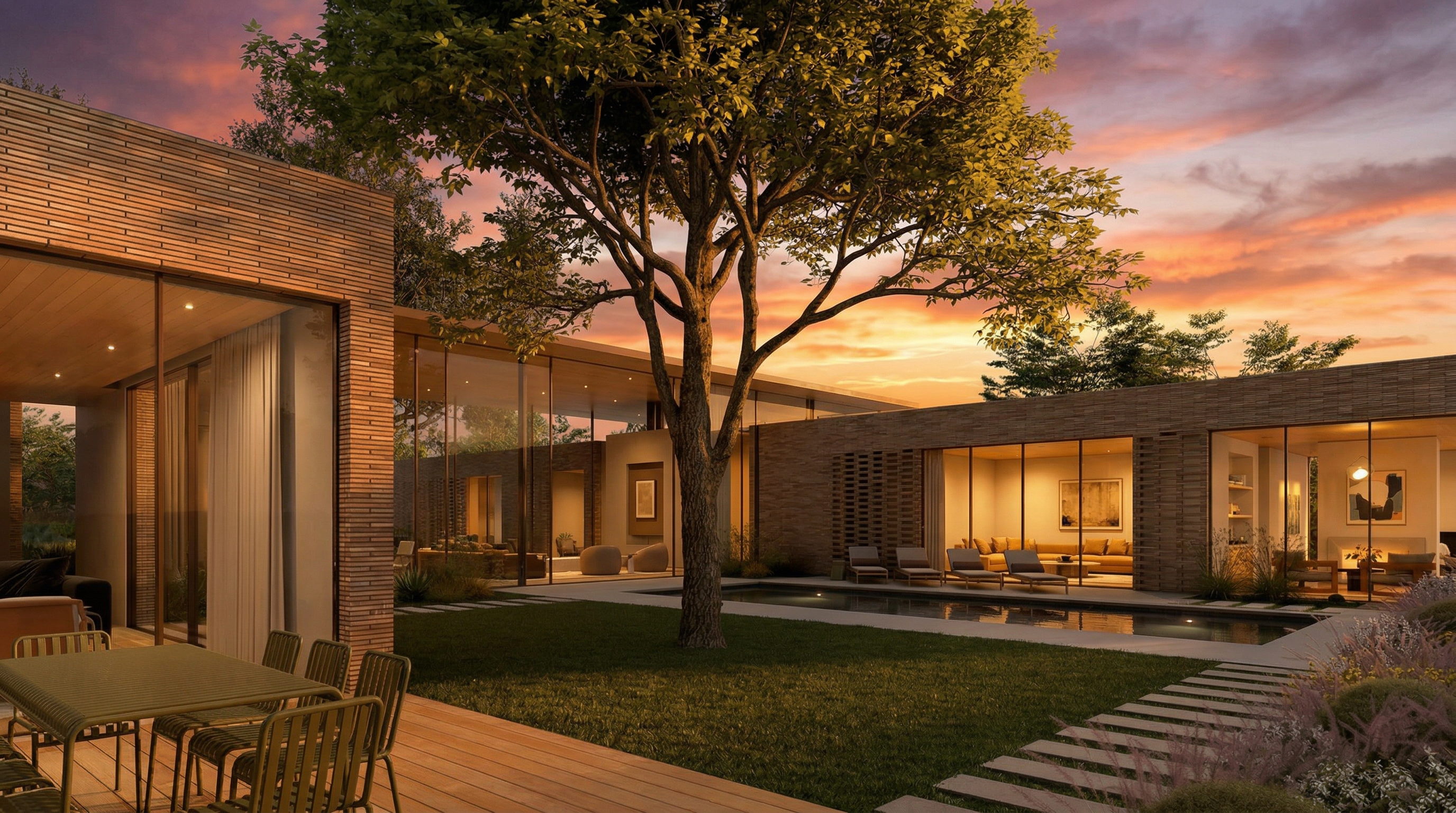 This modern, luxury estate features a sleek contemporary design with clean lines and extensive floor-to-ceiling glass walls that blend indoor and outdoor living. The property centers around a tranquil courtyard with a manicured lawn, a swimming pool, and a mature tree, all set against a stunning dusk sky. A wooden deck in the foreground includes a dining area, emphasizing the home's high-end appeal for entertaining and relaxed living.