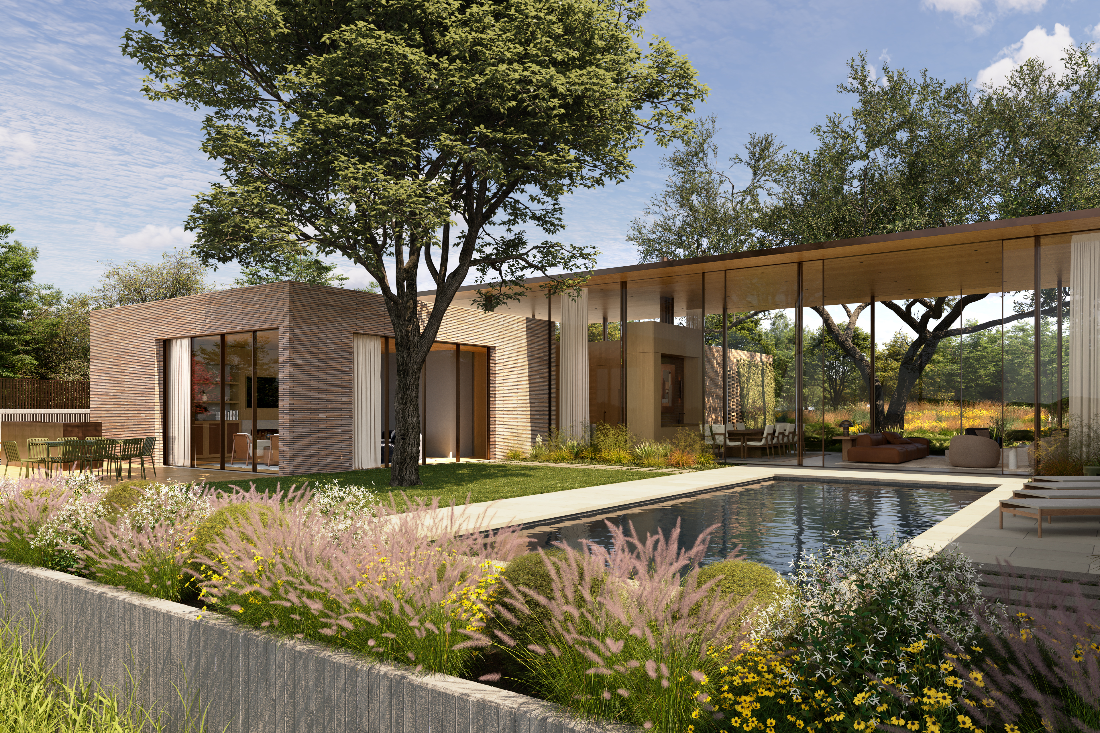 This stunning contemporary residence showcases a seamless integration of indoor and outdoor living with its striking glass-walled structure and expansive patio. The property features a clean-lined rectangular swimming pool, beautifully manicured landscaping, and a sophisticated material palette of brick and warm wood accents. The overall impression is one of modern luxury and serene, park-like outdoor tranquility.