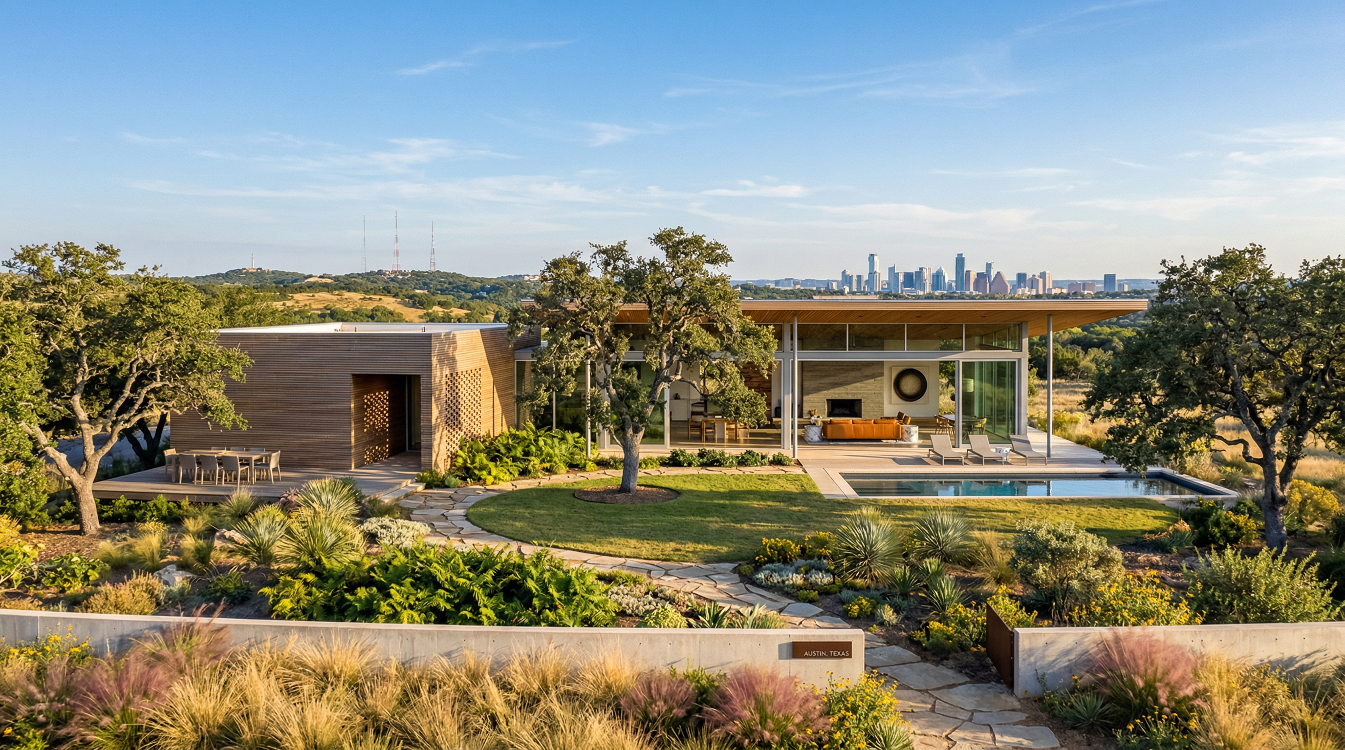 This stunning contemporary residence showcases expansive floor-to-ceiling glass walls, a sleek wood-clad structure, and seamless indoor-outdoor living spaces. The property features a pristine rectangular swimming pool, a landscaped stone path, and a lush garden that overlooks the distant Austin city skyline. Its open-concept design and elevated hilltop location offer a sophisticated modern aesthetic, perfect for luxury living and entertaining.