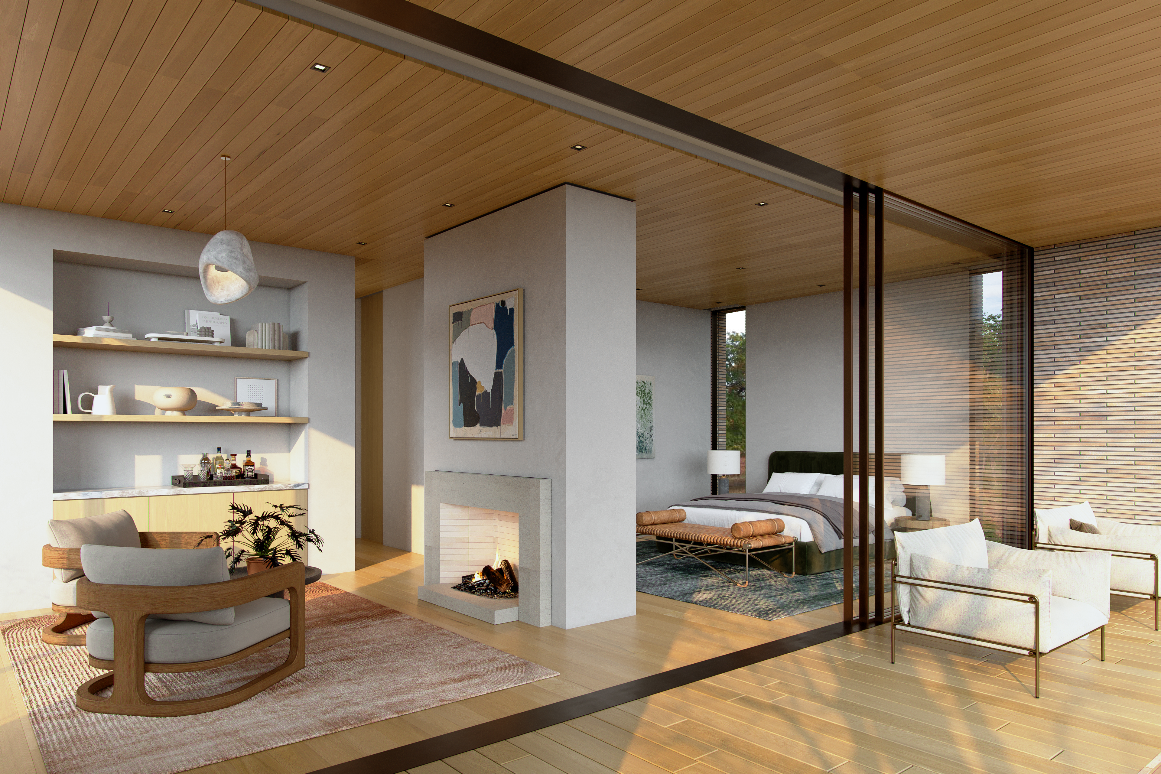 This sophisticated, open-plan living space features a dual-sided fireplace that separates the cozy lounge area from a primary bedroom suite. The room boasts warm wood paneling throughout the ceilings, sleek glass sliding doors, and a curated mix of modern furniture, creating a luxurious and serene atmosphere. Large integrated wall shelving and natural textures enhance the contemporary, minimalist architectural design of this high-end residential property.