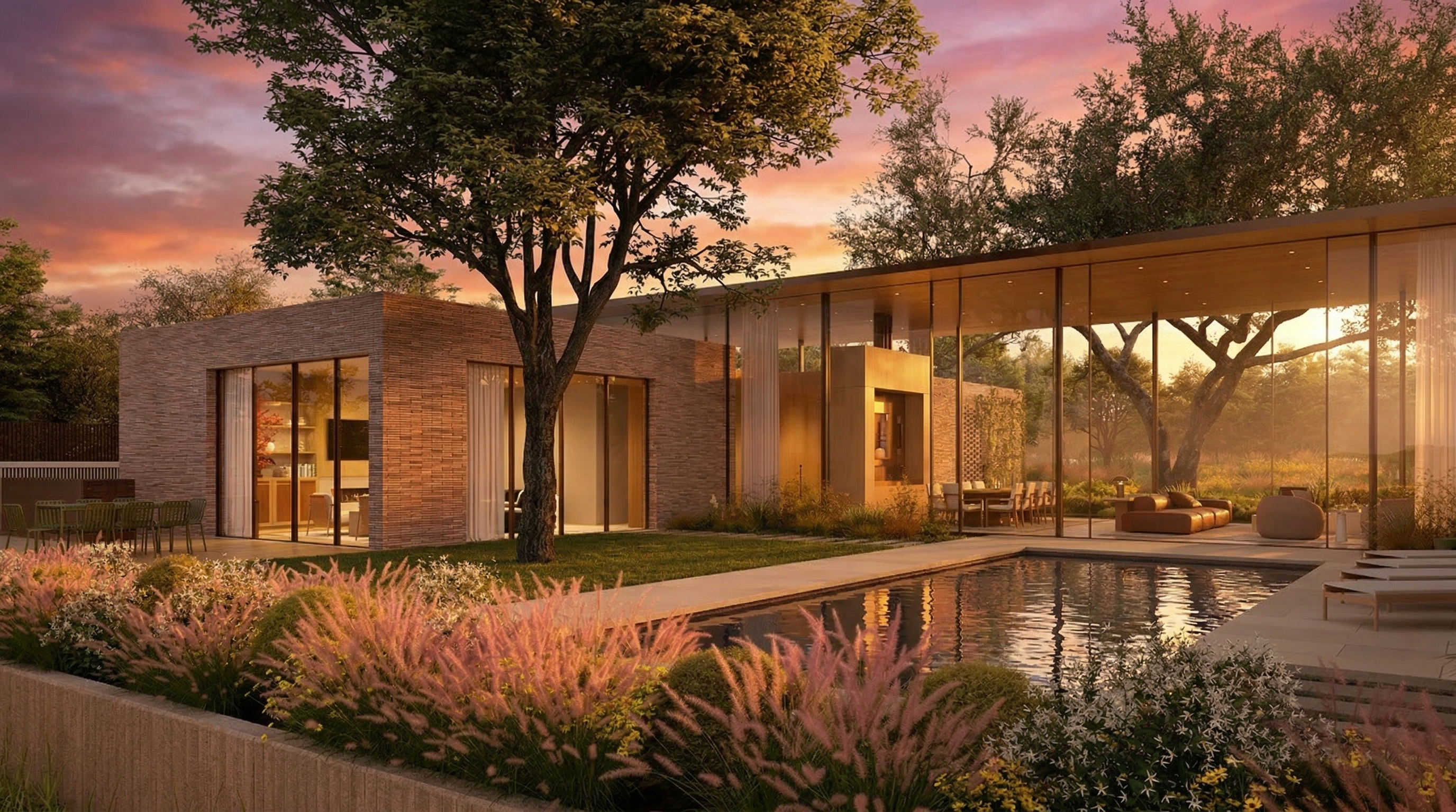 This stunning contemporary residence showcases an indoor-outdoor living concept with expansive floor-to-ceiling glass walls overlooking a serene swimming pool. The property features a sophisticated mix of stone masonry and minimalist architectural lines, beautifully accented by lush garden landscaping and warm sunset lighting. It provides an ideal setting for luxury relaxation and refined outdoor entertaining.