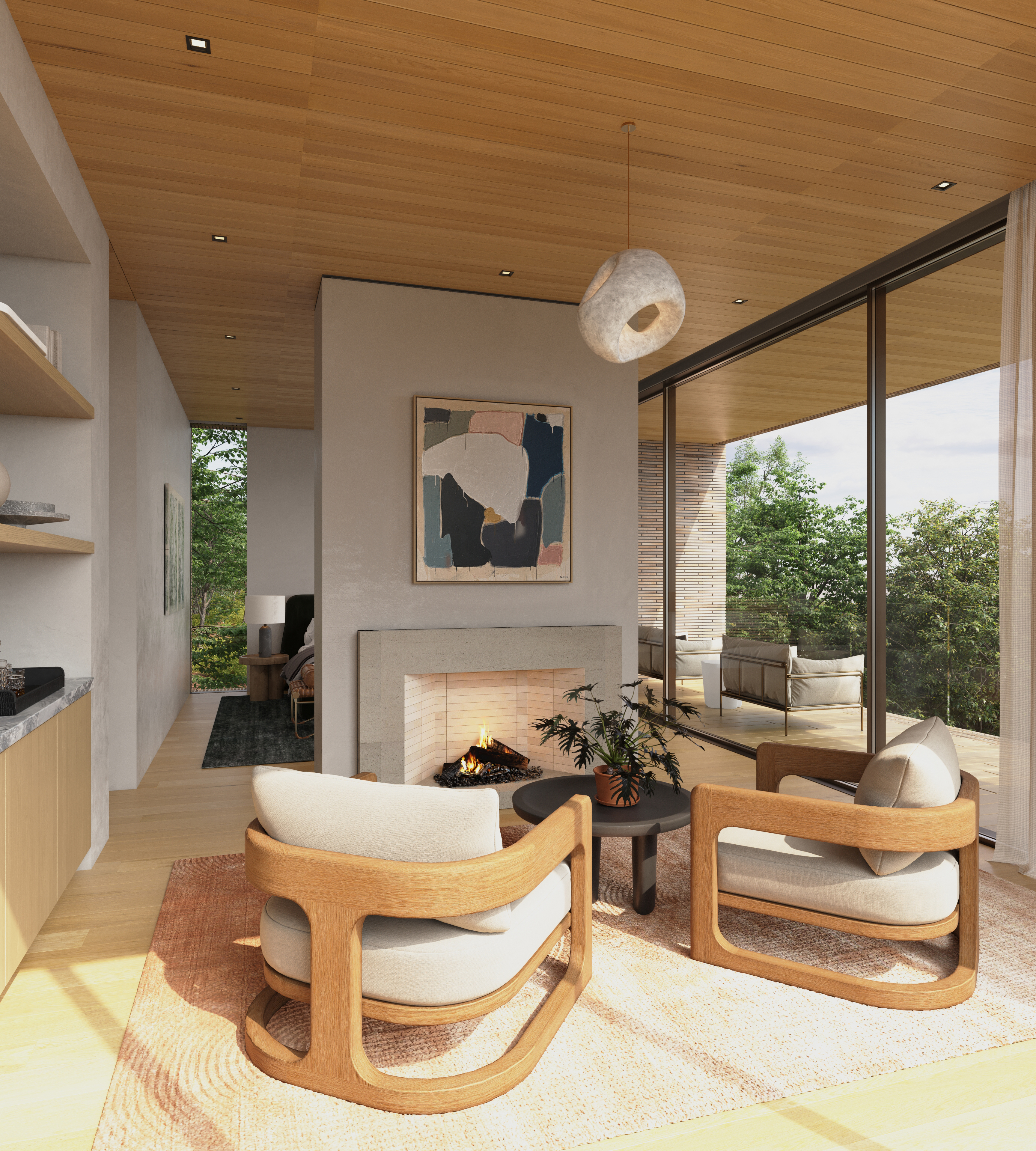 This sophisticated modern living room features a warm, organic aesthetic with a central stone fireplace, light wood paneling on the ceiling, and cozy, curved-frame seating. The space flows seamlessly into a private outdoor deck through floor-to-ceiling glass walls, creating a bright and airy atmosphere. High-end finishes and minimalist decor contribute to a calm, luxurious living environment ideal for relaxation.