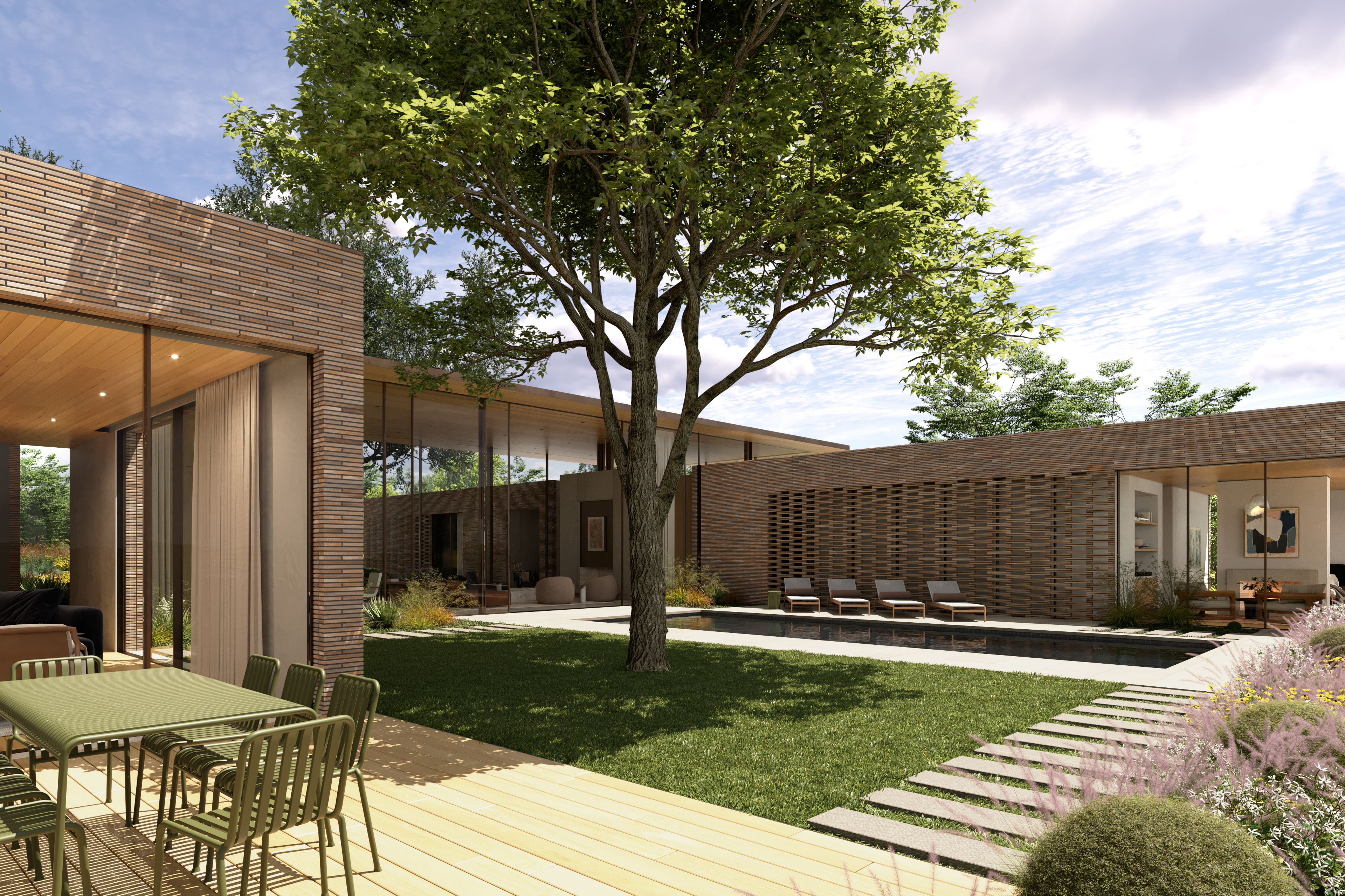 This modern architectural residence features a stunning central courtyard with a swimming pool, manicured lawn, and a large, iconic tree. The exterior design incorporates sleek brickwork, expansive sliding glass walls, and a wooden deck, creating a seamless indoor-outdoor living experience. It is a sophisticated, contemporary oasis ideal for entertaining and relaxation.