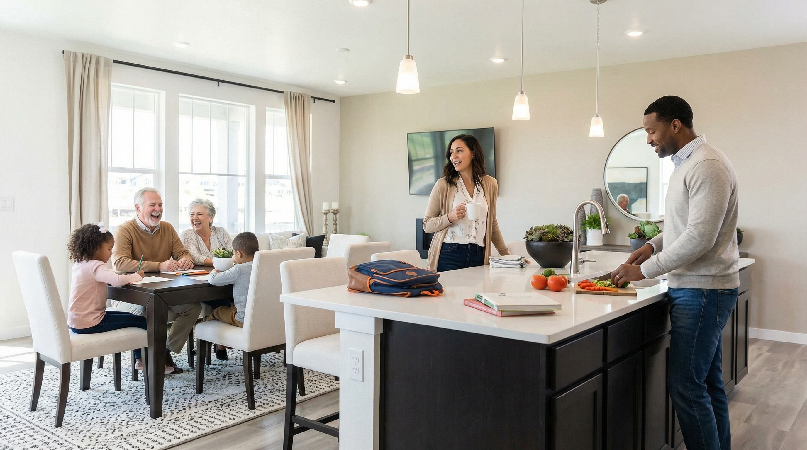 This interior shot showcases a modern, open-concept kitchen and dining area. The kitchen features a spacious island with a white countertop and dark cabinetry, complemented by stainless steel appliances and pendant lighting. Visible from the kitchen, the dining area includes a dark wooden table surrounded by upholstered chairs, contributing to a warm and inviting family space.