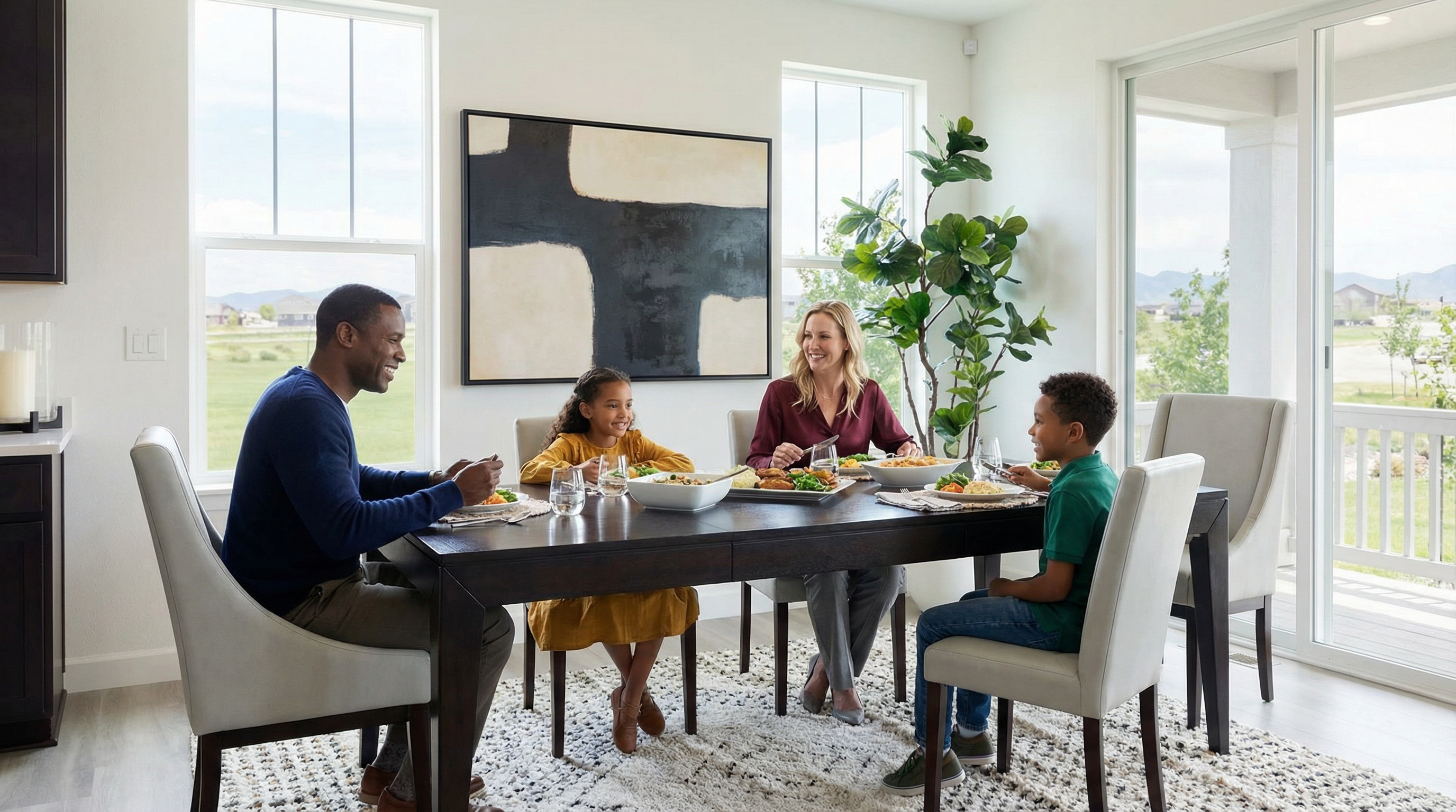 This interior shot showcases a beautifully appointed dining room, perfect for family gatherings. A dark wood dining table is surrounded by elegant chairs, set on a stylish patterned rug. Large windows provide ample natural light, enhancing the bright and airy feel of the space.