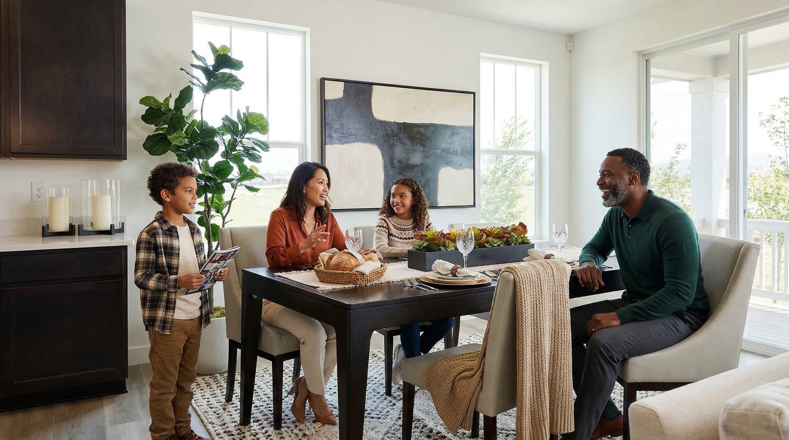 This is a modern dining room featuring a family gathering at a dark wood table. The room is brightly lit by natural light from the windows. A large painting hangs on the wall, and plants add a touch of nature to the interior.