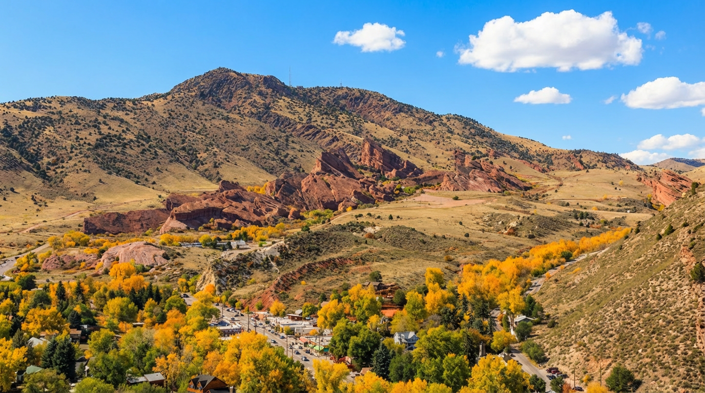 This image showcases an aerial view of a charming town nestled amongst rolling hills and the striking red rock formations of what appears to be an amphitheater. The vibrant autumn foliage adds a warm color palette to the scene, highlighting the community's proximity to a unique natural landscape. This picturesque setting would attract buyers seeking a tranquil lifestyle with outdoor recreation opportunities.