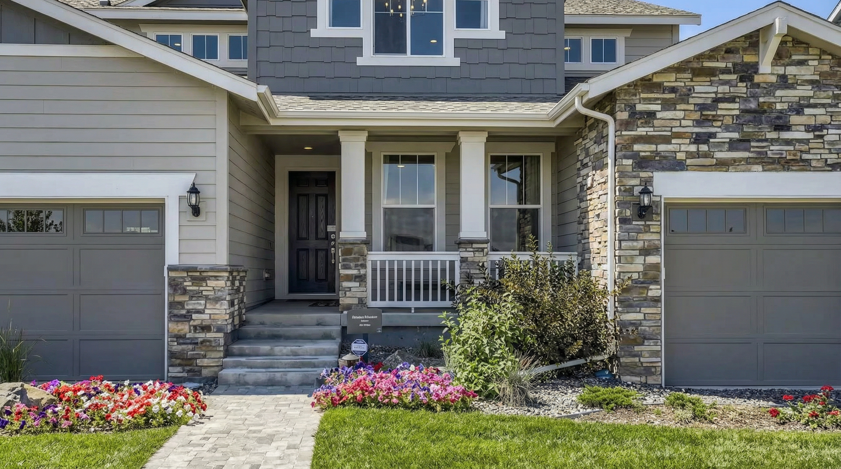 This is a frontal view of a two-story home, exhibiting a blend of gray siding, stone accents, and a neatly maintained lawn. The entryway features prominent columns and leads to a dark-colored front door. The overall impression is one of suburban elegance and curb appeal, ideal for a family home.