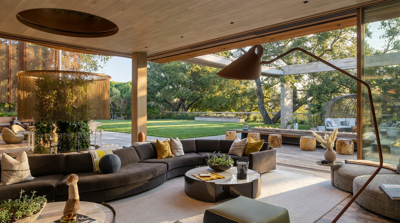 This expansive living room boasts a seamless transition between indoor and outdoor spaces through large glass walls. The interior showcases a curved sofa arranged around a round coffee table, sophisticated lighting fixtures, and a neutral color palette. The aesthetic is modern and luxurious, creating an inviting atmosphere for entertaining or relaxation.