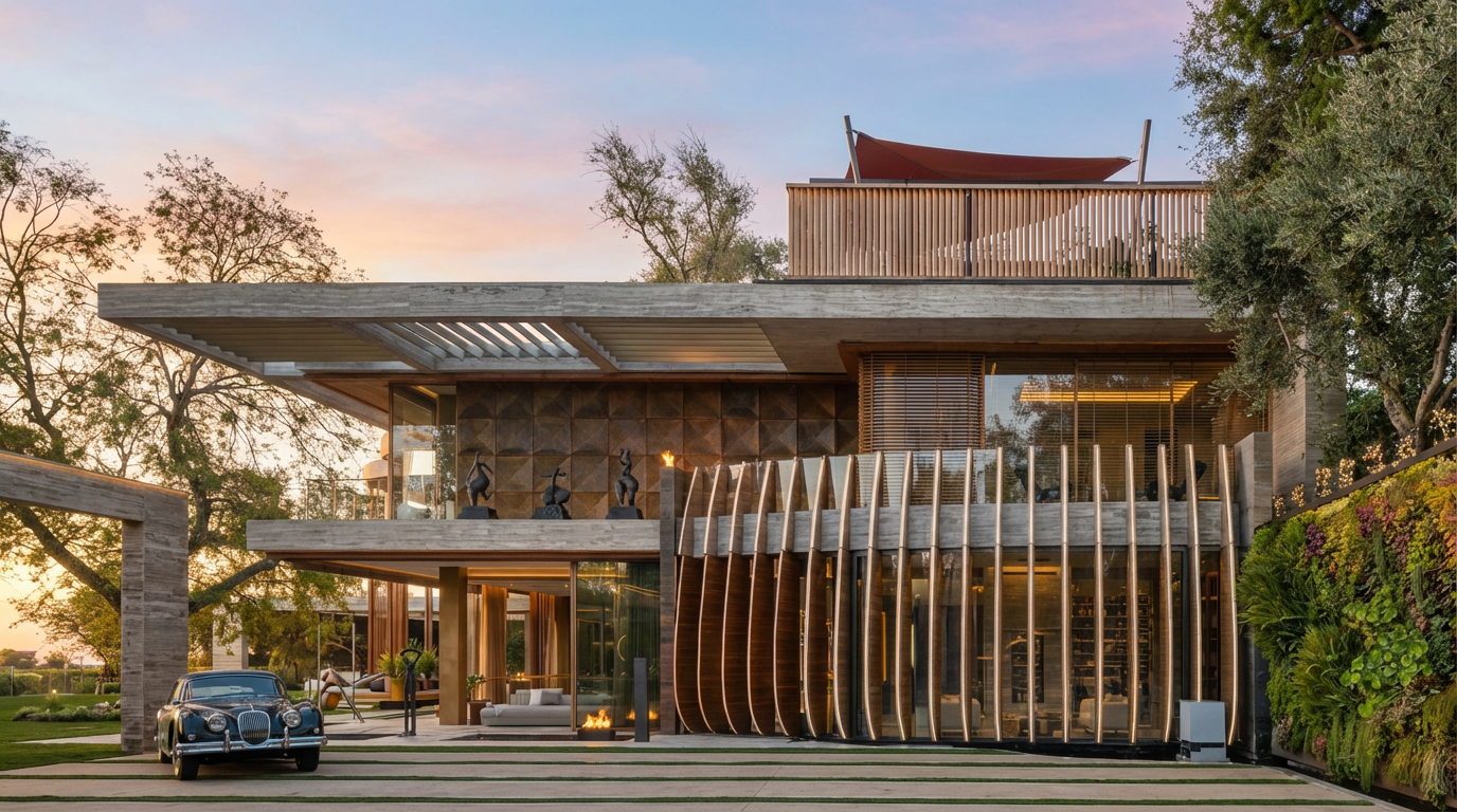 This is a striking front view of a modern luxury residence. The home features architectural concrete elements, vertical wood slat details, and a unique patterned facade. The property is complemented by lush landscaping and a classic car parked in front, adding to its upscale appeal.