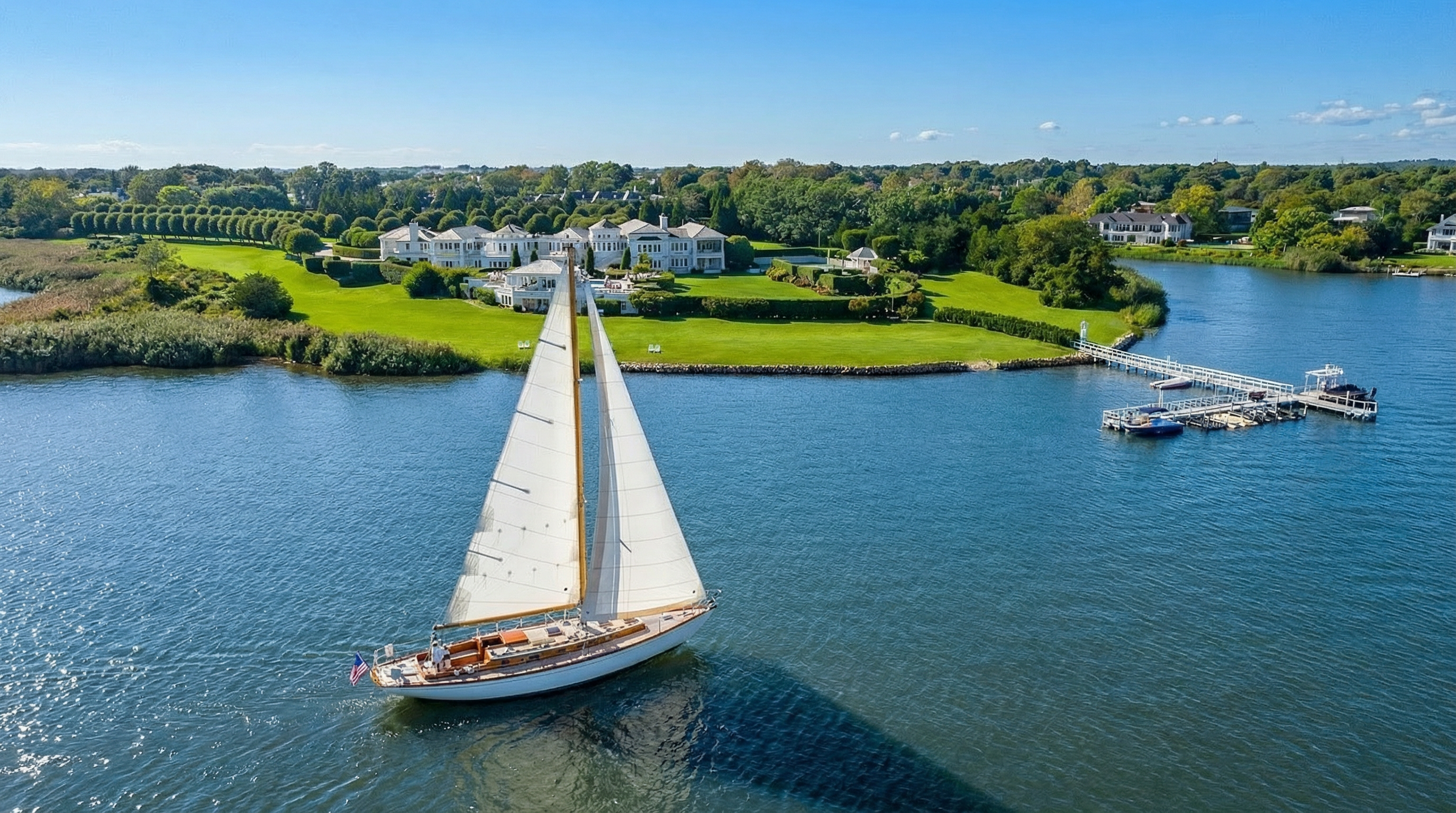 Aerial view showcasing a luxurious waterfront property with a large main house, well-manicured lawns, and a private pier with boat docks. A sailboat is sailing on the water in the foreground. The overall impression is one of high-end real estate and desirable waterfront living.