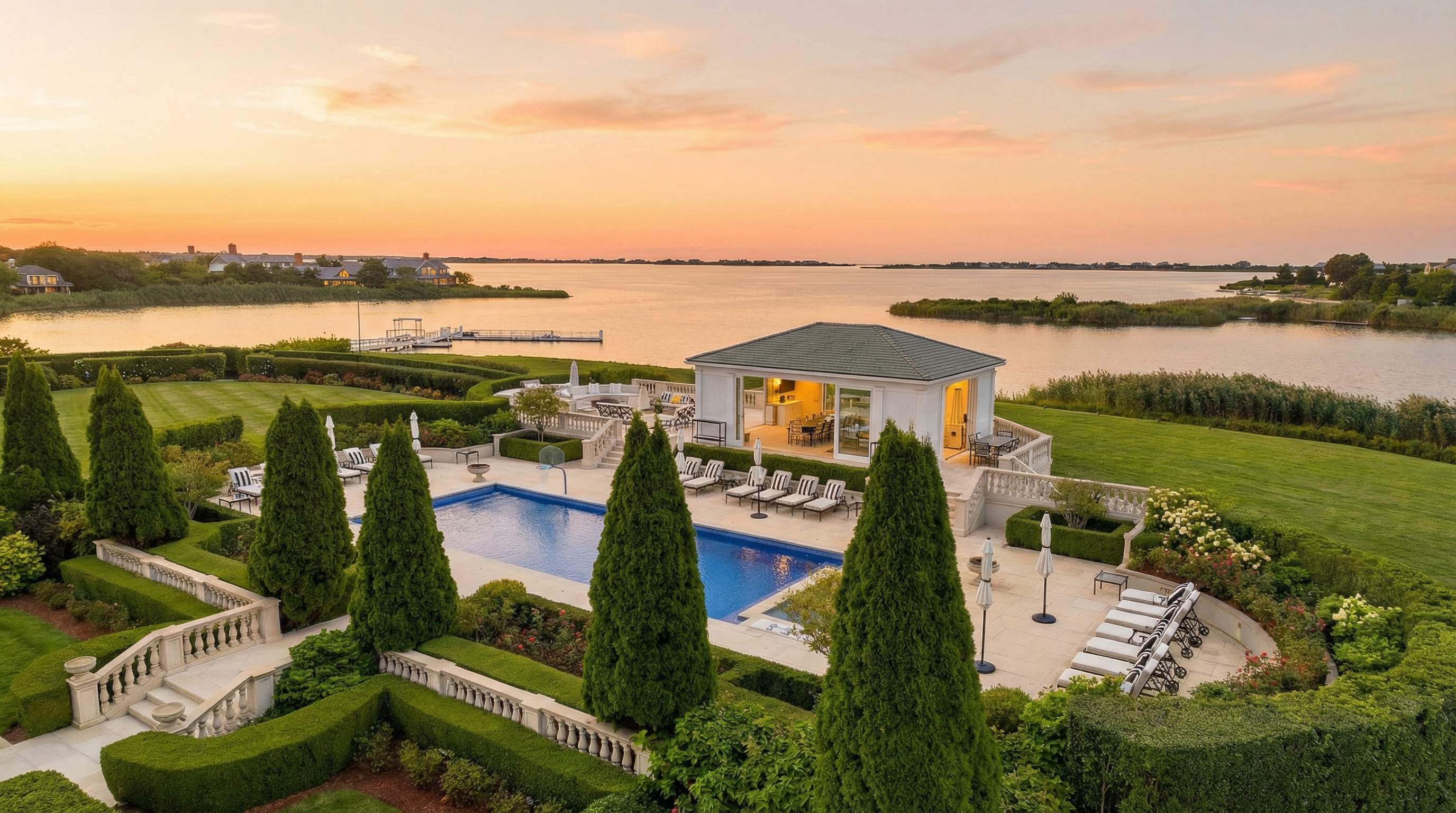 This aerial shot showcases a luxurious estate with immaculate landscaping, including manicured lawns, trimmed hedges, and elegant cypress trees. A pristine pool is centrally located, complemented by numerous lounge chairs and umbrellas. The property further features a stylish pool house with dining and recreational spaces, all set against a serene waterfront backdrop under a colorful sunset sky.