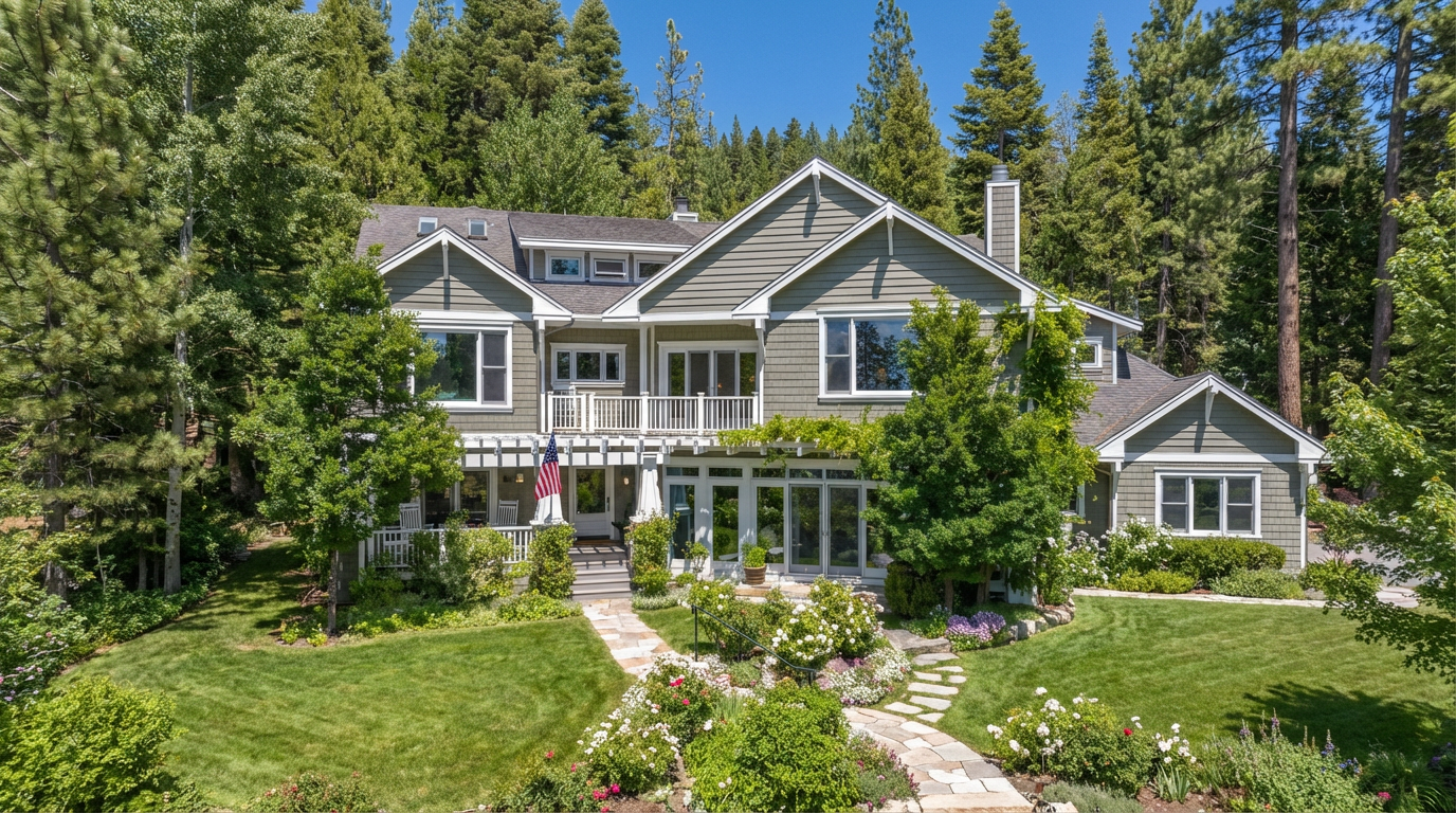 This image showcases the front exterior of a charming home, featuring a well-manicured lawn and lush landscaping. A stone pathway leads to the entrance, which is adorned with a pergola and white railing. The house has a classic design with gray siding and a welcoming facade, nestled among tall trees.