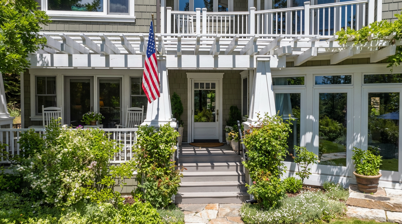 This image showcases the entryway of a charming home. The entrance features a covered porch with a white pergola, complementing the light gray exterior. An American flag adds a touch of patriotism, while the surrounding garden and well-maintained steps give a welcoming impression.