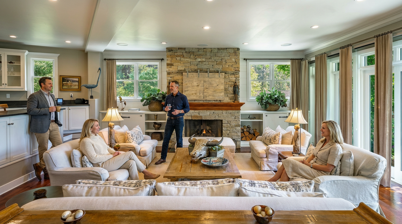 This is an inviting living room featuring a stone fireplace and neutral color palette. The room is well-lit with natural light coming through large windows, and comfortable seating arrangements create a cozy atmosphere. The design suggests a relaxed yet sophisticated living space, perfect for entertaining or quiet family time.