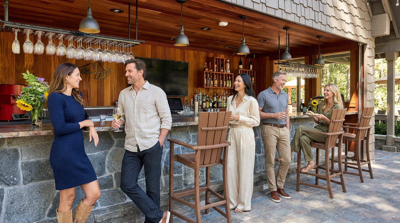This image showcases an outdoor bar area, perfect for entertaining. The bar features a stone facade, a wooden countertop, and overhead lighting. Several people are gathered, enjoying drinks and conversation in this stylish outdoor space, suggesting a lifestyle of relaxation and entertainment.