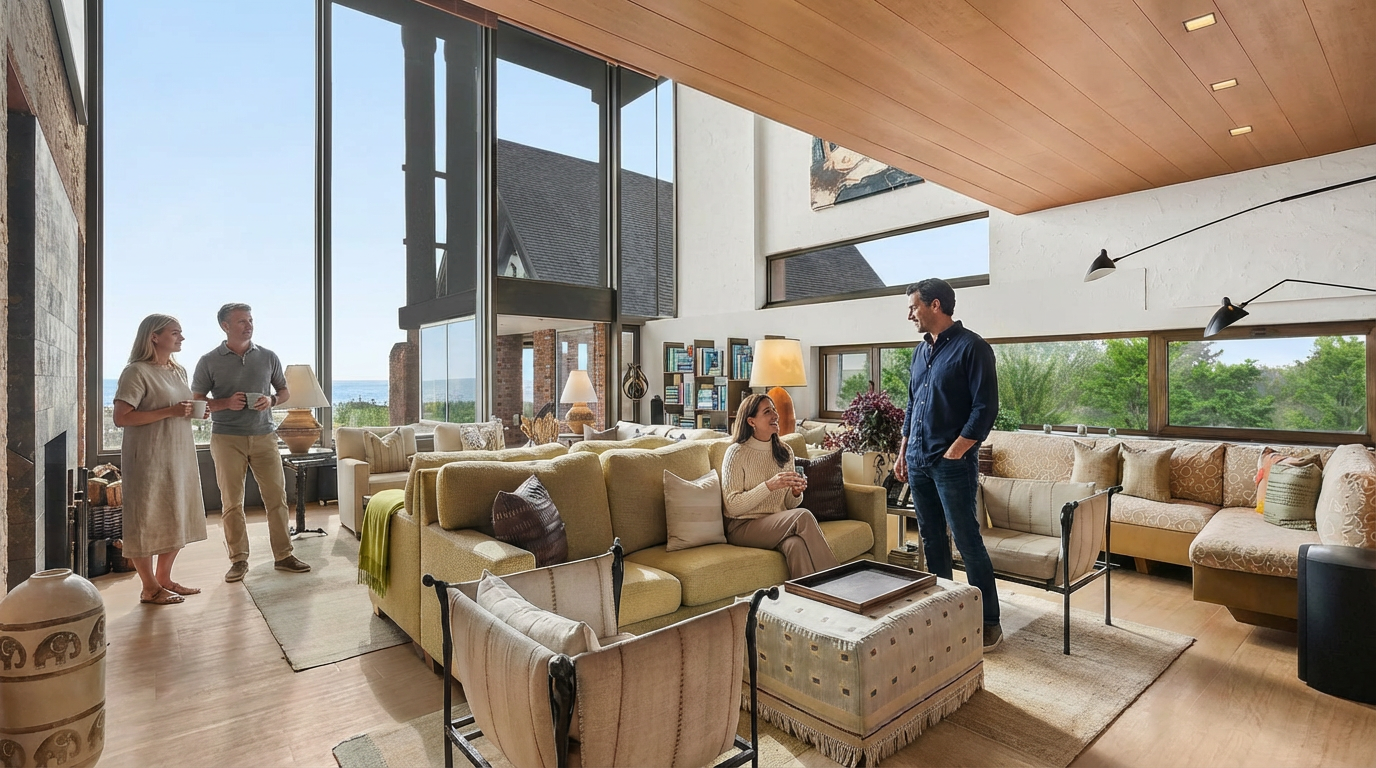 This image showcases a bright and spacious living room with floor-to-ceiling windows offering scenic views. The room is furnished with comfortable seating arrangements, including a large sofa and armchairs, arranged around a central ottoman. A warm color palette and natural light create an inviting atmosphere, perfect for a relaxing living space.