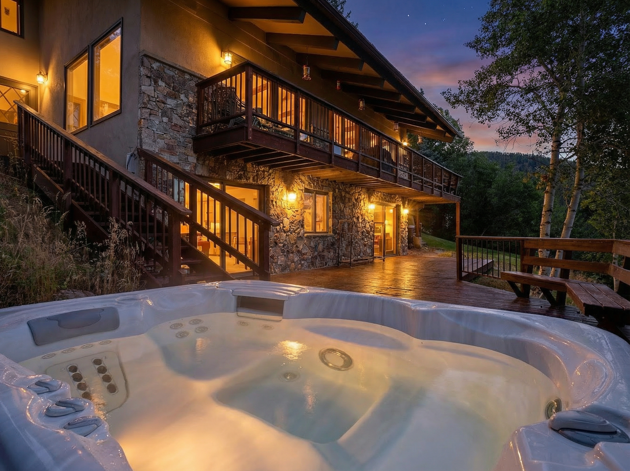 This image showcases a luxurious outdoor spa area. The hot tub is large and inviting, with ambient lighting creating a relaxing atmosphere. The setting includes a well-maintained deck and glimpses of the house's exterior, suggesting a private and upscale living experience.