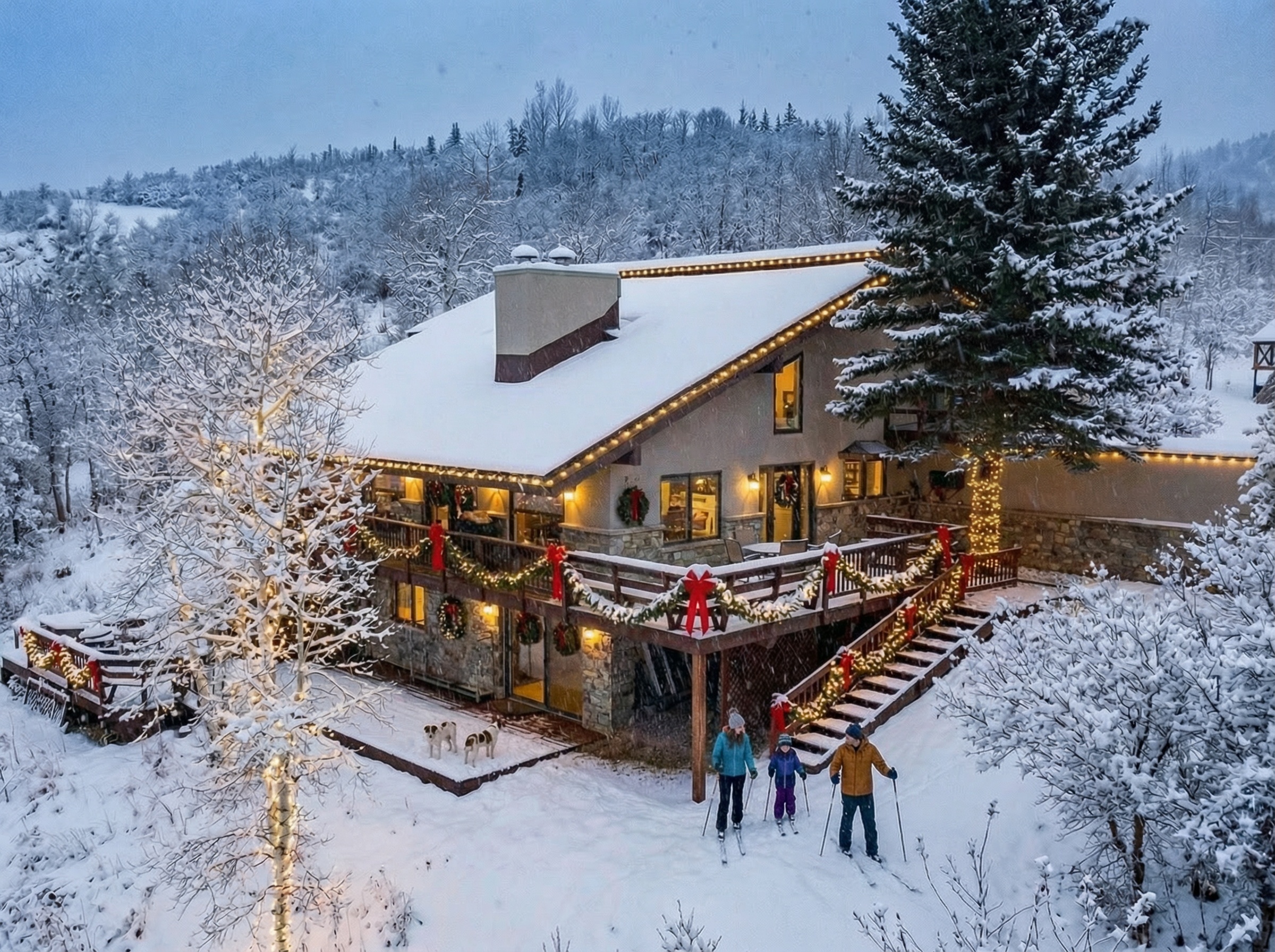 This aerial view showcases a charming, snow-covered home exuding a cozy winter ambiance. Exterior Christmas lights and decorations adorn the house and surrounding trees, enhancing its festive appeal. A family is skiing on the snowy lawn, adding a touch of life and recreation to the scene, making the property an inviting winter retreat.