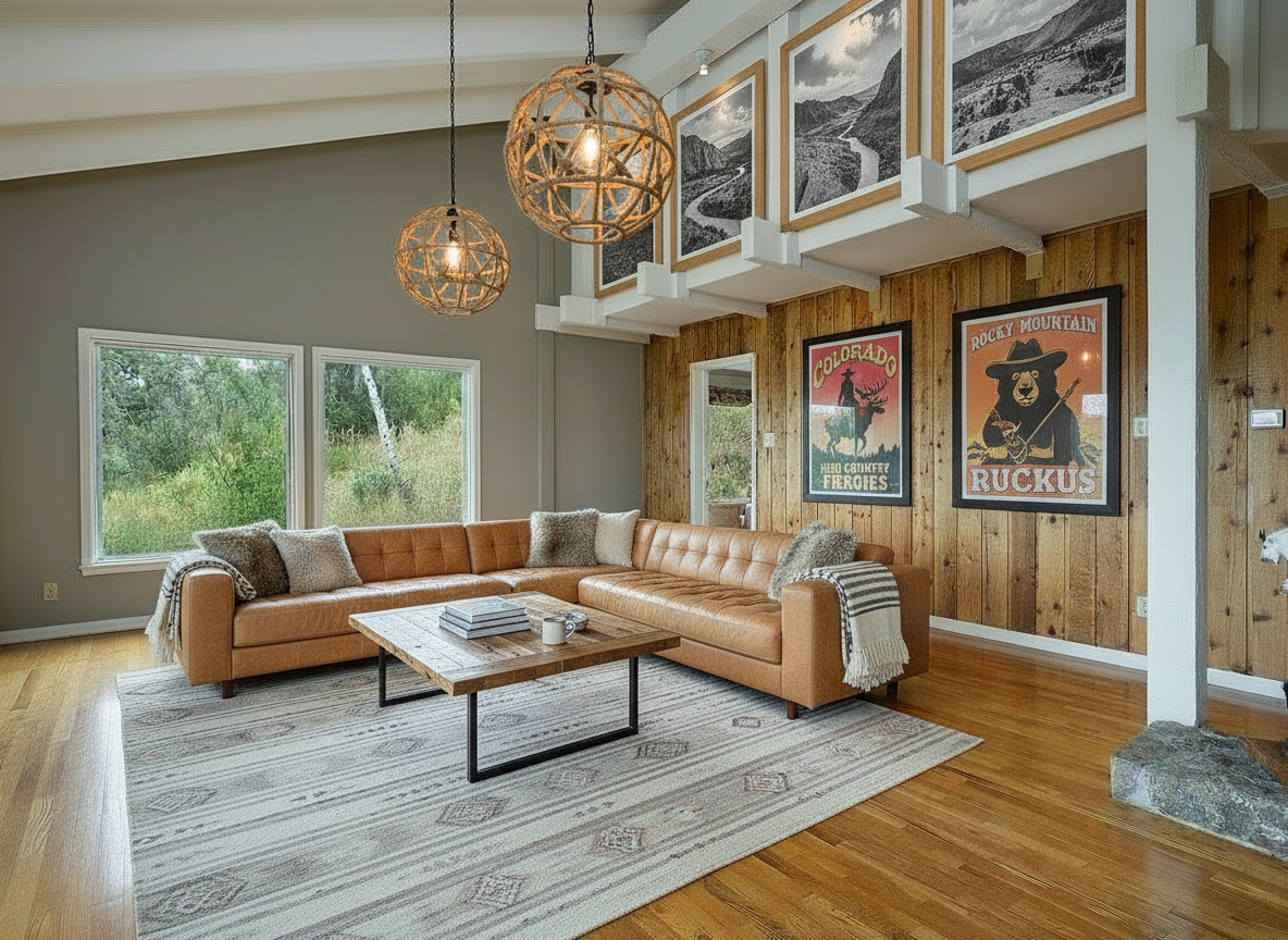 The image showcases a well-lit living room with a rustic-modern aesthetic. The space is anchored by a large, sectional leather sofa and a patterned area rug. Natural wood paneling on one wall and a collection of framed artwork contribute to a warm and inviting atmosphere, ideal for relaxing or entertaining.