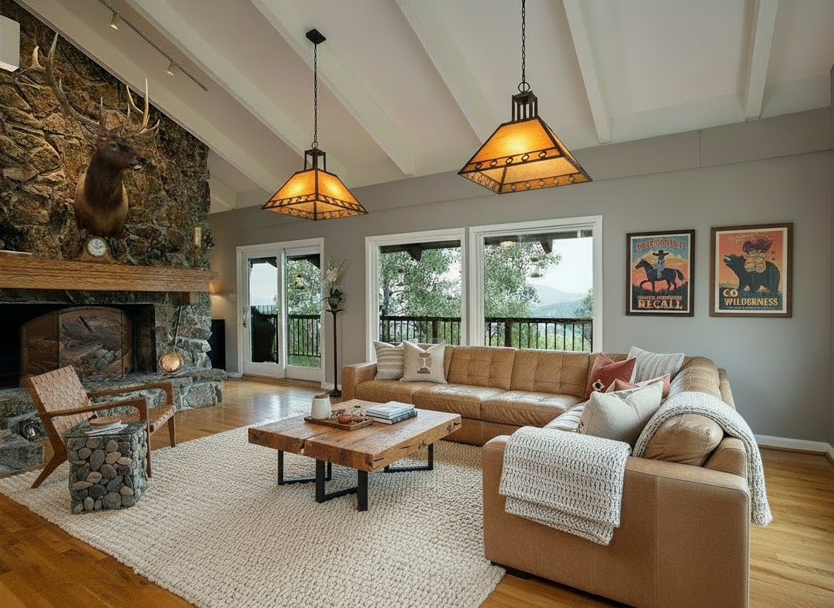 The image showcases a cozy living room with mountain lodge style, featuring a stone fireplace with a mounted deer head, wood flooring, and a large sectional sofa. The ceiling beams and craftsman-style pendant lighting add to the rustic charm. Natural light streams in from the windows, offering views of the outdoor scenery.
