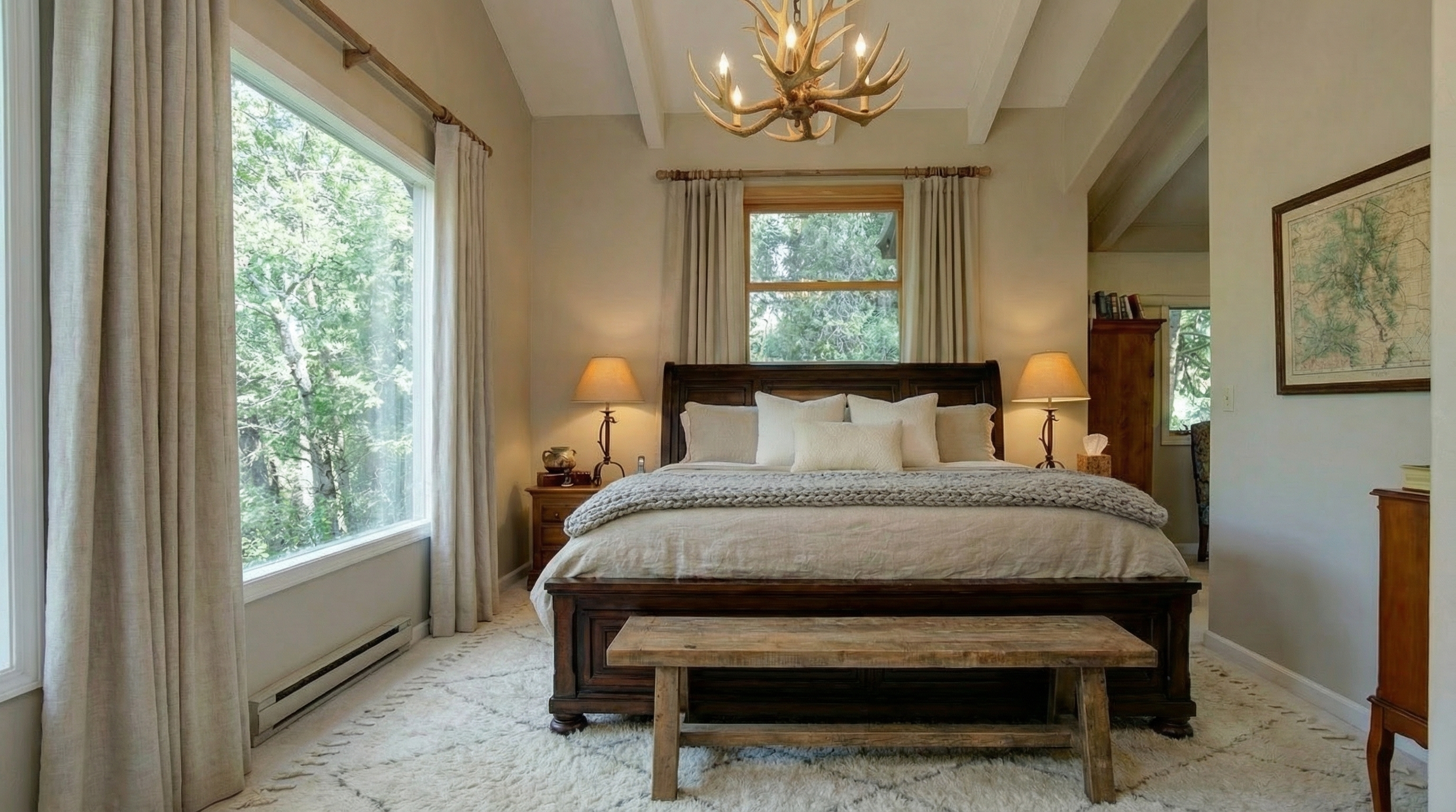 This is a cozy primary bedroom featuring a dark wood bed frame with neutral bedding and pillows. Natural light streams in through a large window, complemented by matching curtains, creating a serene atmosphere. The room also has a statement antler chandelier and a bench at the foot of the bed, adding to the rustic elegance.