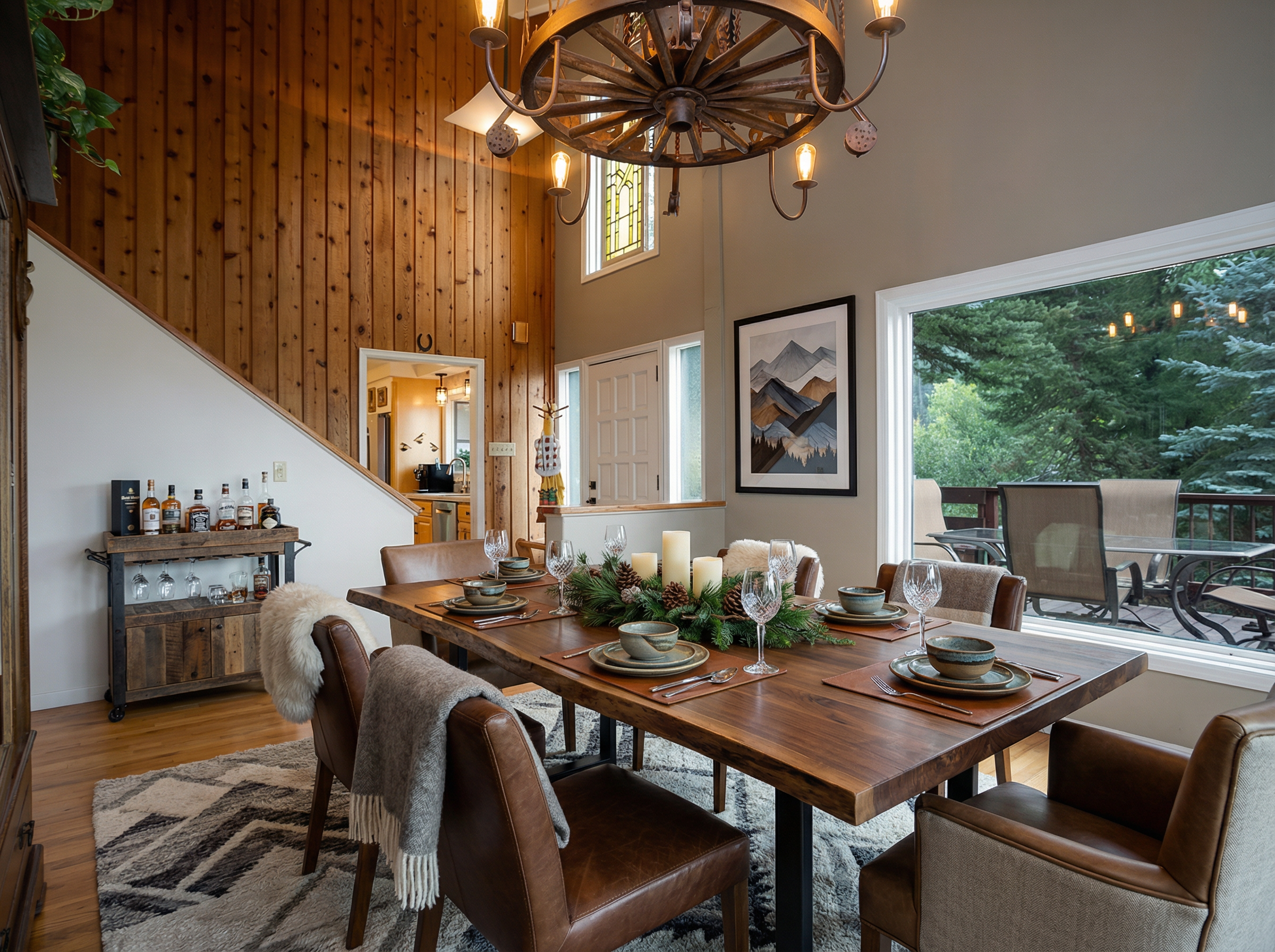 This is a well-appointed dining room featuring a substantial wooden table set for a formal meal. A stylish wagon wheel chandelier hangs above the table, complementing the wood paneling on one wall. The room offers a blend of rustic charm and contemporary elegance, making it an inviting space for entertaining.