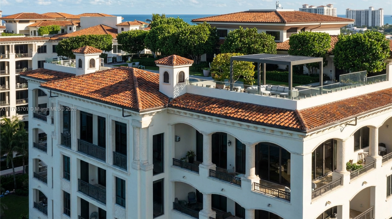 This aerial view showcases a luxury residential complex with a Mediterranean architectural style. Key features include terracotta tile roofs, white stucco exteriors, and multiple balconies. The property also boasts rooftop patios with elegant outdoor settings.