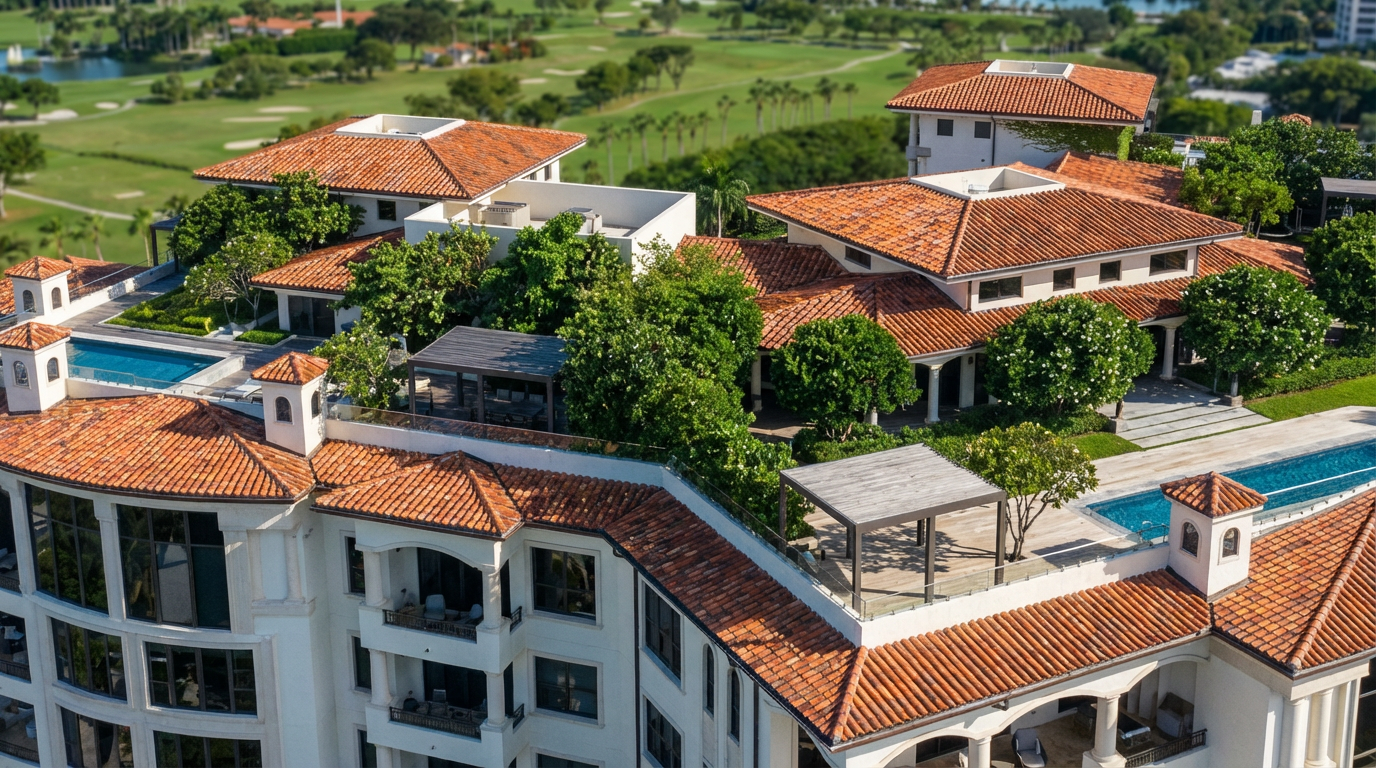 This aerial shot showcases a luxurious estate with a distinctive orange tile roof, multiple levels, and manicured greenery. Several structures feature covered patios and a glimpse of a swimming pool, highlighting the property's upscale amenities and design. The background reveals a stunning golf course and lake, adding to the property's appeal.