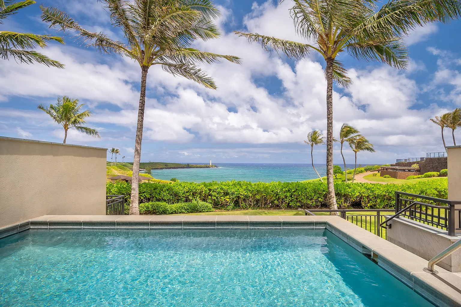 This image showcases a luxurious pool with a stunning ocean view framed by palm trees. The turquoise water of the pool contrasts beautifully with the deep blue of the ocean, creating a serene and inviting atmosphere. Lush greenery surrounds the pool area, enhancing the sense of privacy and tranquility.
