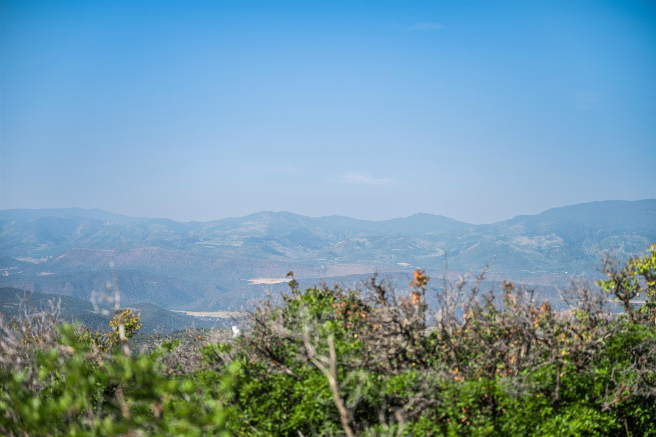 This image captures a scenic, wide-angle landscape view of rolling mountain ranges under a clear, bright blue sky. In the foreground, out-of-focus green foliage and dry brush frame the vista, adding depth and a natural, immersive quality to the shot. The perspective suggests an elevated vantage point, likely from a hillside or mountain overlook, emphasizing the expansive and tranquil nature of the surrounding terrain.
