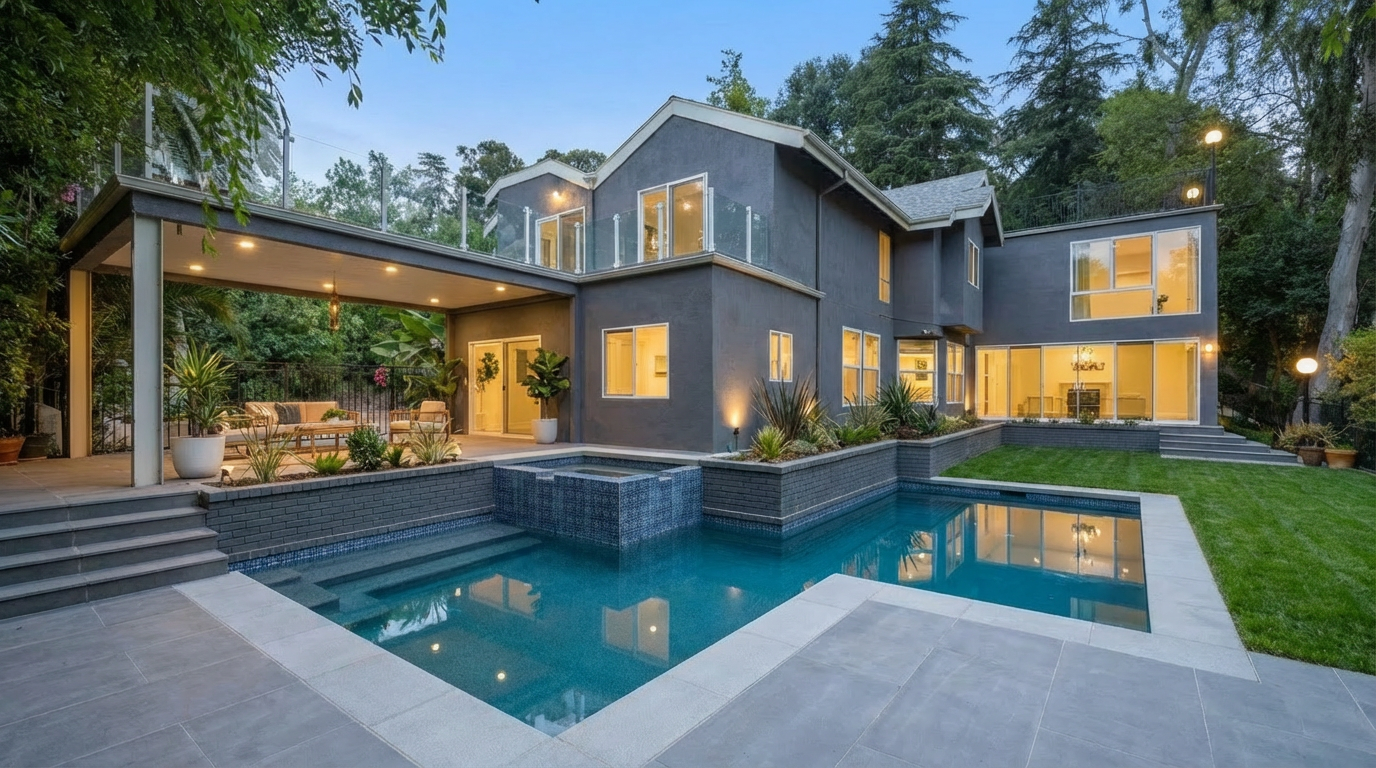 This image showcases the rear exterior of a modern home, emphasizing the luxurious pool and spa area. The pool features a unique design with integrated spa, surrounded by a spacious patio and lush landscaping. The house itself has a contemporary architectural style with large windows and a covered outdoor living space, creating an inviting and upscale atmosphere.