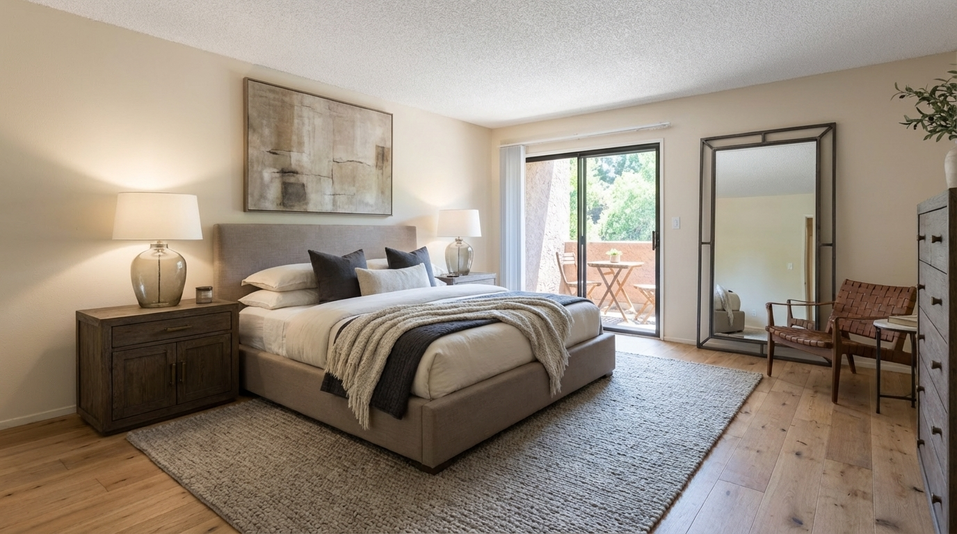 This is a well-staged primary bedroom featuring a neutral color palette and a calming atmosphere. The room includes a large bed with a padded headboard, two bedside tables with lamps, and a piece of artwork above the bed. A sliding glass door leads to a balcony, and a full-length mirror and woven chair add to the room's appeal.