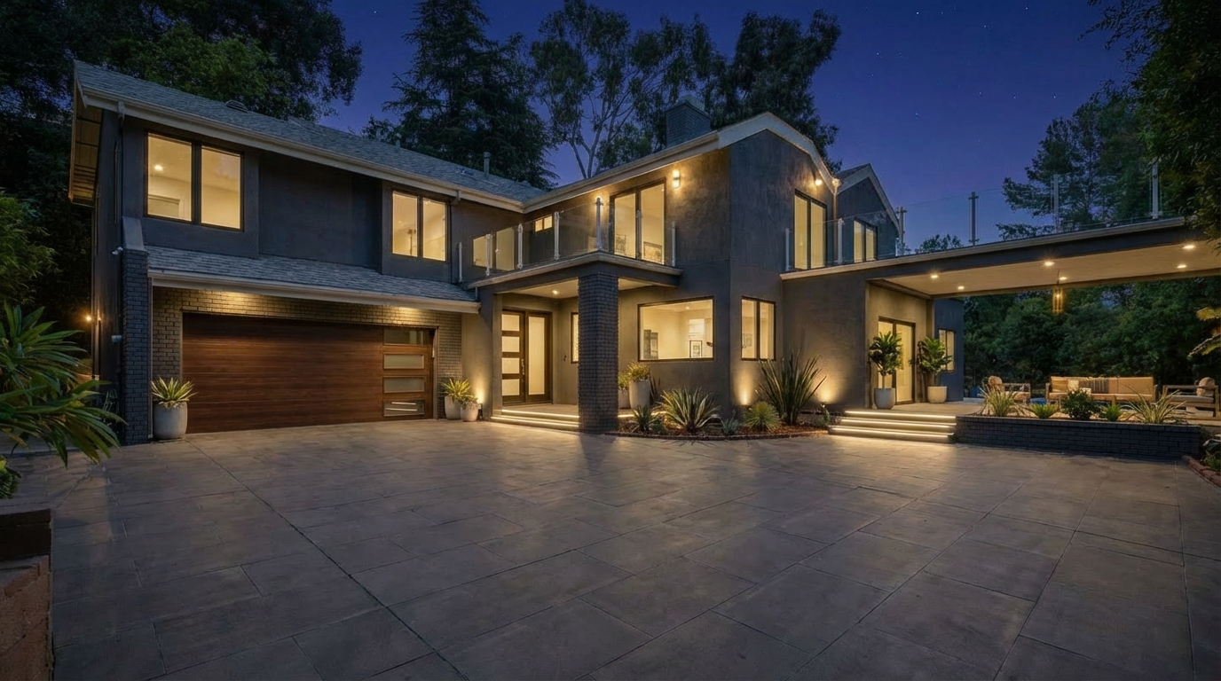 This is a front exterior view of a modern two-story home at dusk. The house features a dark gray facade, a wooden garage door with glass panels, and a covered walkway connecting the main structure to an adjacent section. The driveway is paved with large gray tiles, and landscape lighting illuminates the entryway and surrounding greenery, creating a welcoming ambiance.