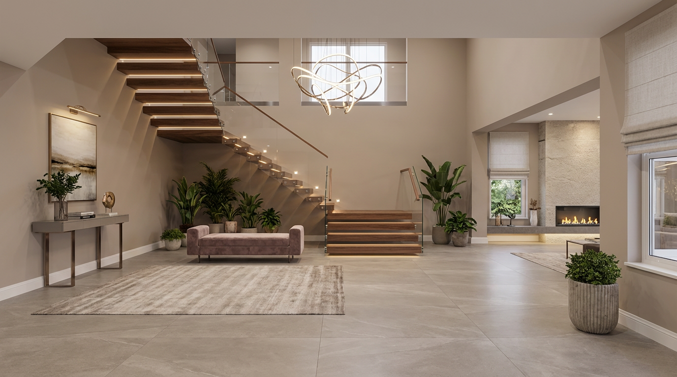 This is a spacious and modern interior featuring a grand hallway with a staircase. The staircase has wooden steps with integrated lighting and glass railings, leading to an upper level. The area is decorated with plants, a stylish bench, and a contemporary chandelier, creating a luxurious and inviting atmosphere.
