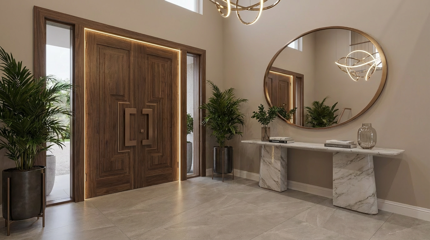 This is an interior shot of a luxurious entryway featuring a large wooden double door with modern handles and subtle lighting. A round mirror hangs above a marble console table, complemented by potted plants on either side, creating a welcoming and sophisticated atmosphere. The flooring is a light-colored tile, enhancing the spacious feel of the hallway.