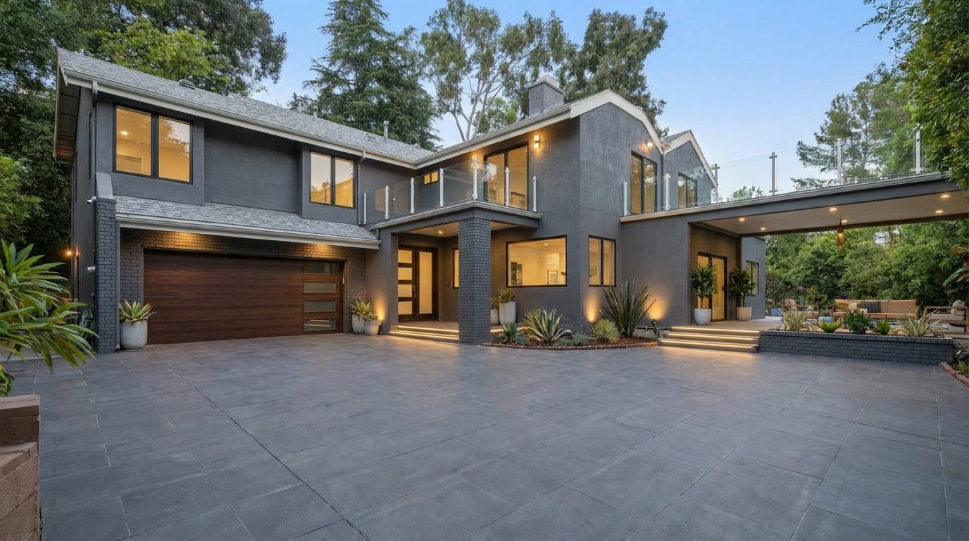 This is a front exterior view of a modern two-story home with a dark gray facade. The property features a spacious driveway paved with large gray tiles, a two-car garage with a wooden door, and a covered entryway with glass railings. Landscaping includes various plants and illuminated steps, enhancing the curb appeal and creating a welcoming atmosphere.
