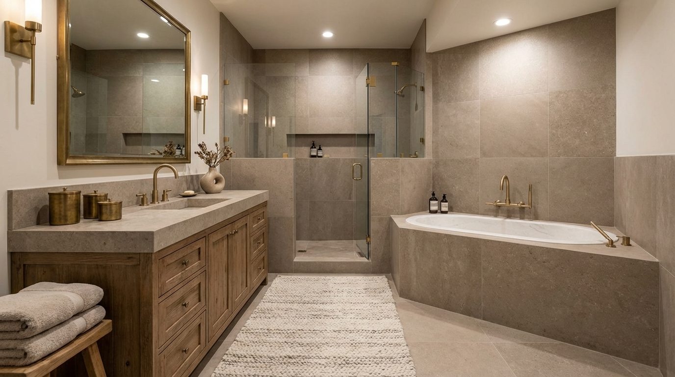 This is a luxurious primary bathroom featuring a walk-in shower with glass doors, a freestanding bathtub, and a double vanity with a stone countertop and wooden cabinets. The bathroom is tiled in a neutral color palette, creating a spa-like atmosphere. The perspective is a wide shot, capturing the entire space and highlighting the layout and design elements.