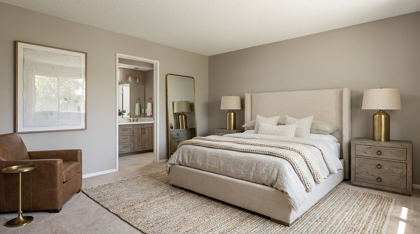 This is a well-lit primary bedroom featuring a neutral color palette. The room includes a large bed with a beige upholstered headboard, matching nightstands with gold lamps, and a jute rug. A leather armchair and a framed artwork are placed near the entrance to an en-suite bathroom, adding to the room's comfort and style.