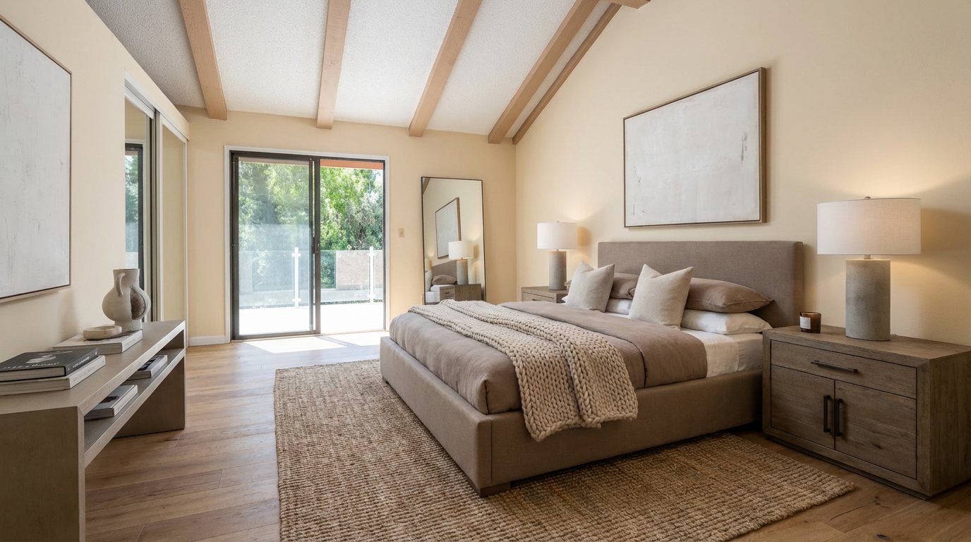 This is a well-lit primary bedroom featuring a neutral color palette. The room includes a large bed with a textured throw, two nightstands with lamps, and artwork above the bed. A sliding glass door leads to an outdoor area, and the room has exposed ceiling beams, creating a cozy and inviting atmosphere.